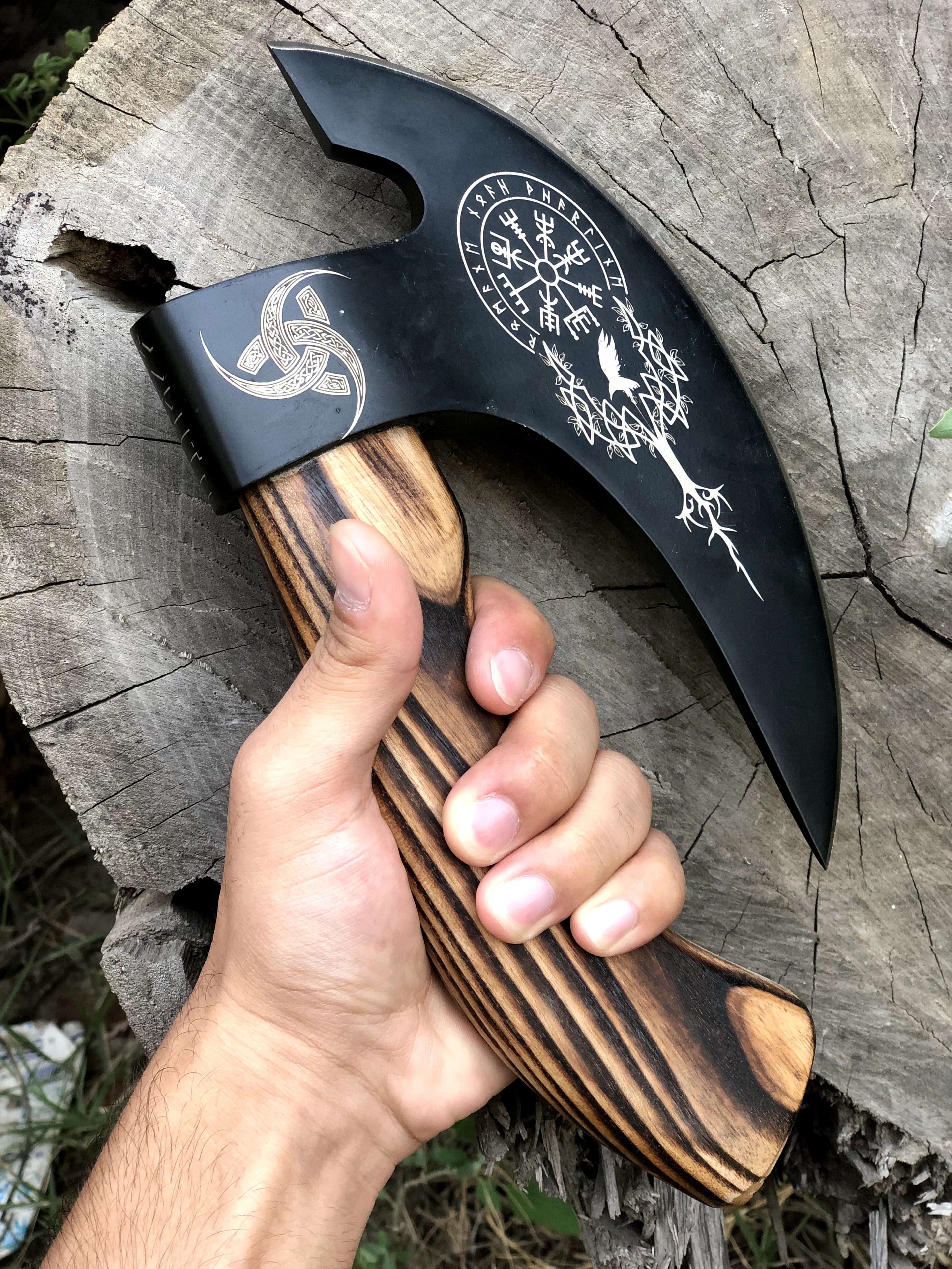 Hand Forged Viking Bearded Axe With Engraved Carbon Steel Blade  Wooden Handle For Camping Bushcraf 1