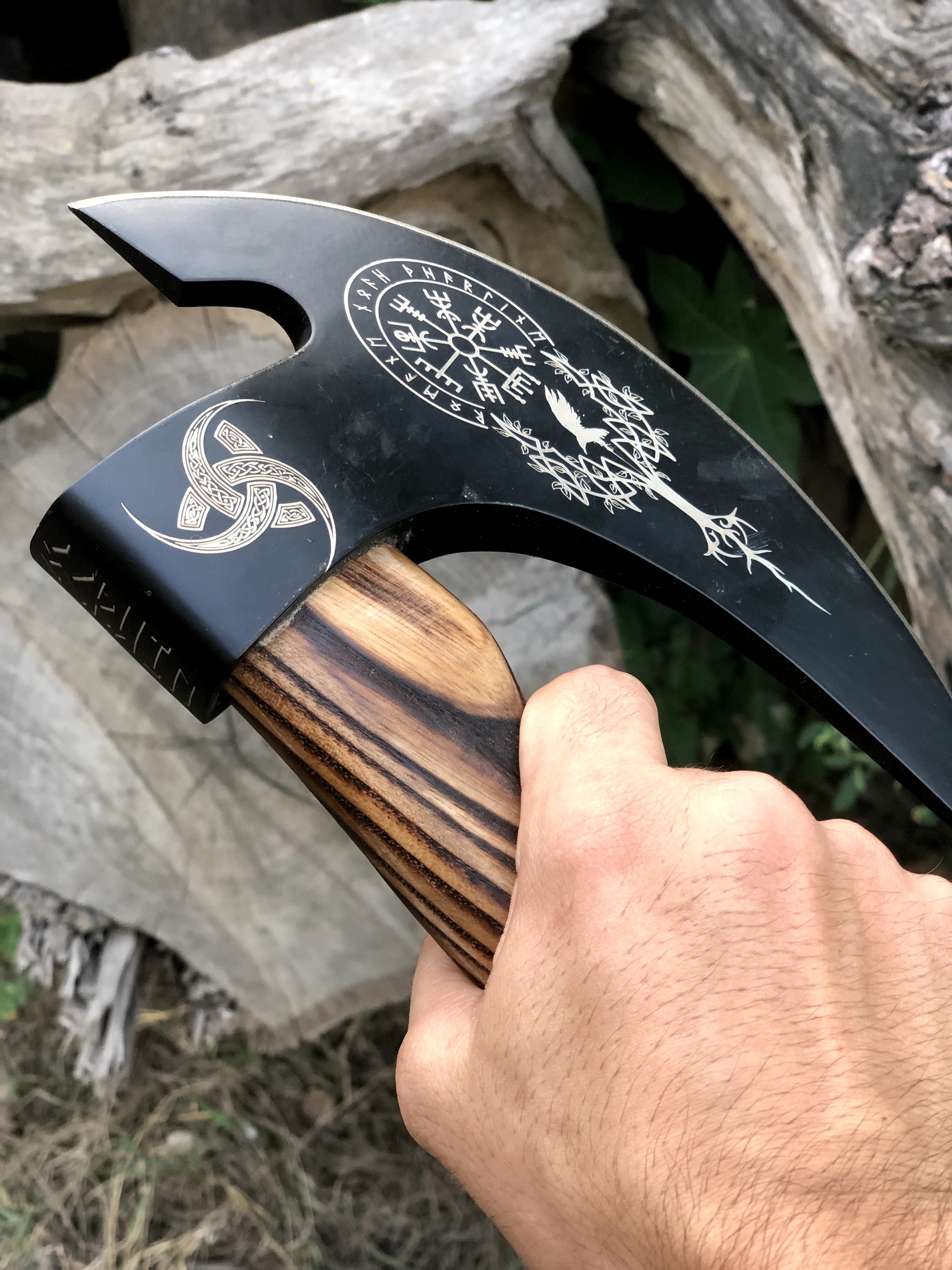 Hand Forged Viking Bearded Axe With Engraved Carbon Steel Blade  Wooden Handle For Camping Bushcraf 2