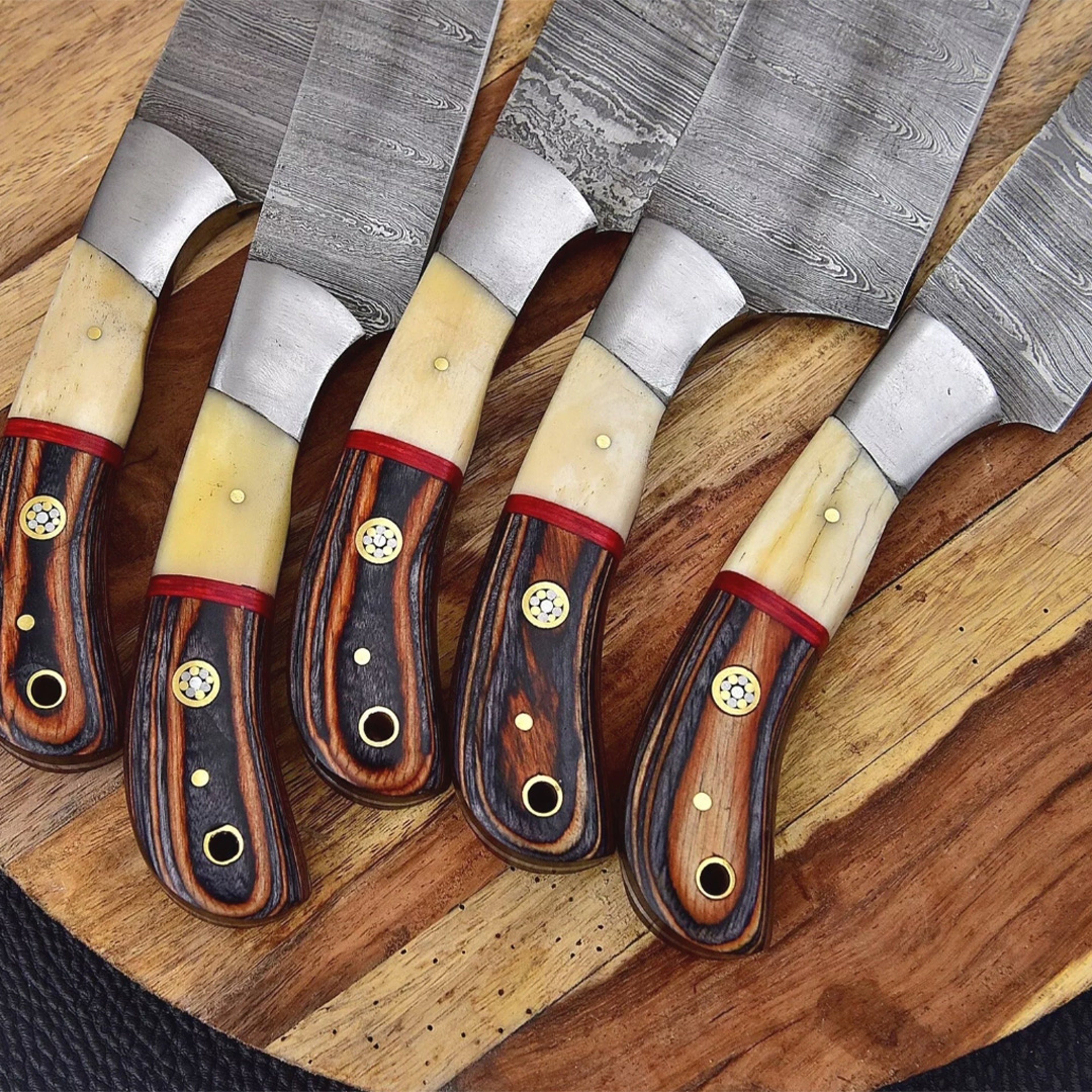 Handmade Damascus Steel Knife Set with Camel Bone & Wood Handles - 5-Piece Professional Chef Knife Set – view 2