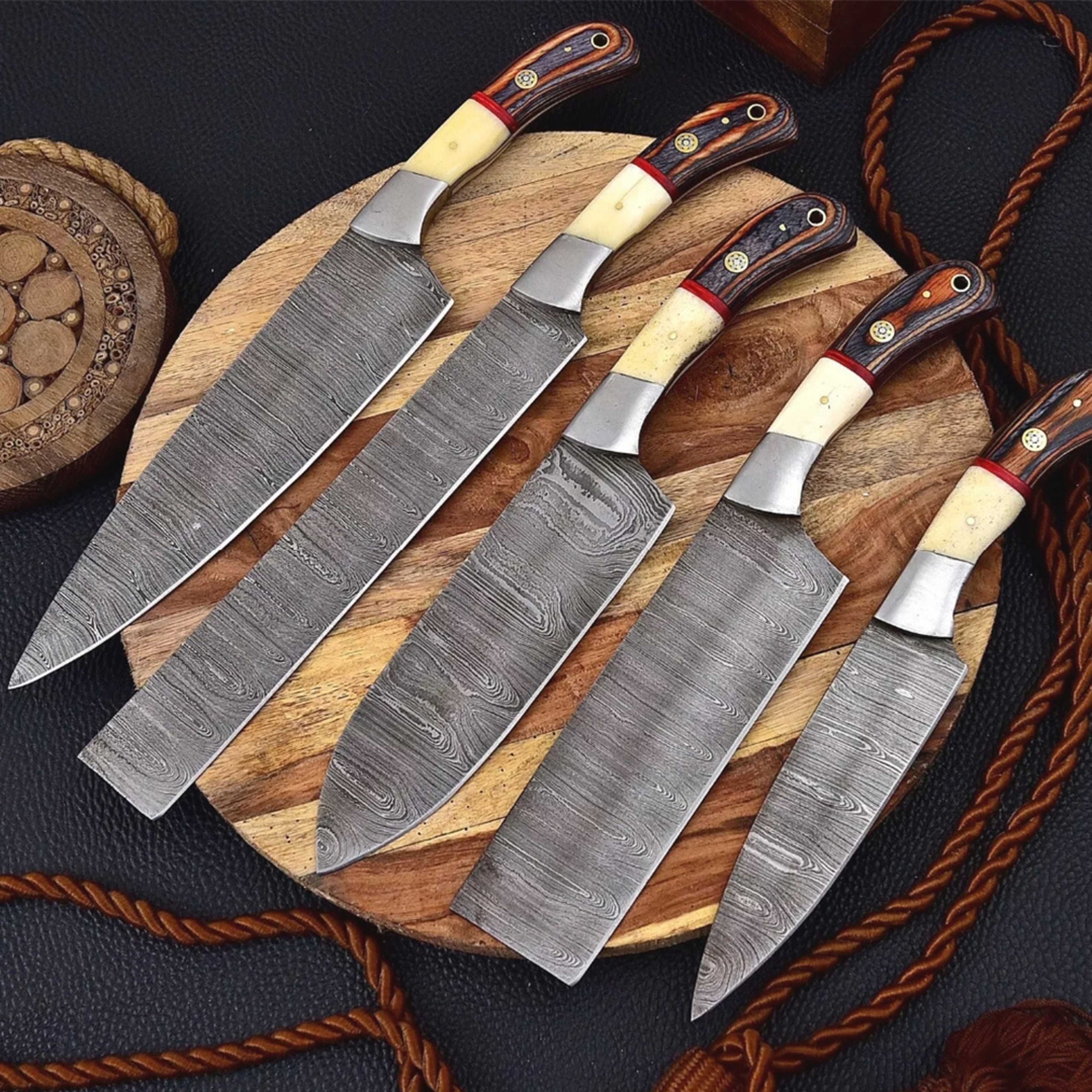 Handmade Damascus Steel Knife Set with Camel Bone & Wood Handles - 5-Piece Professional Chef Knife Set – view 3