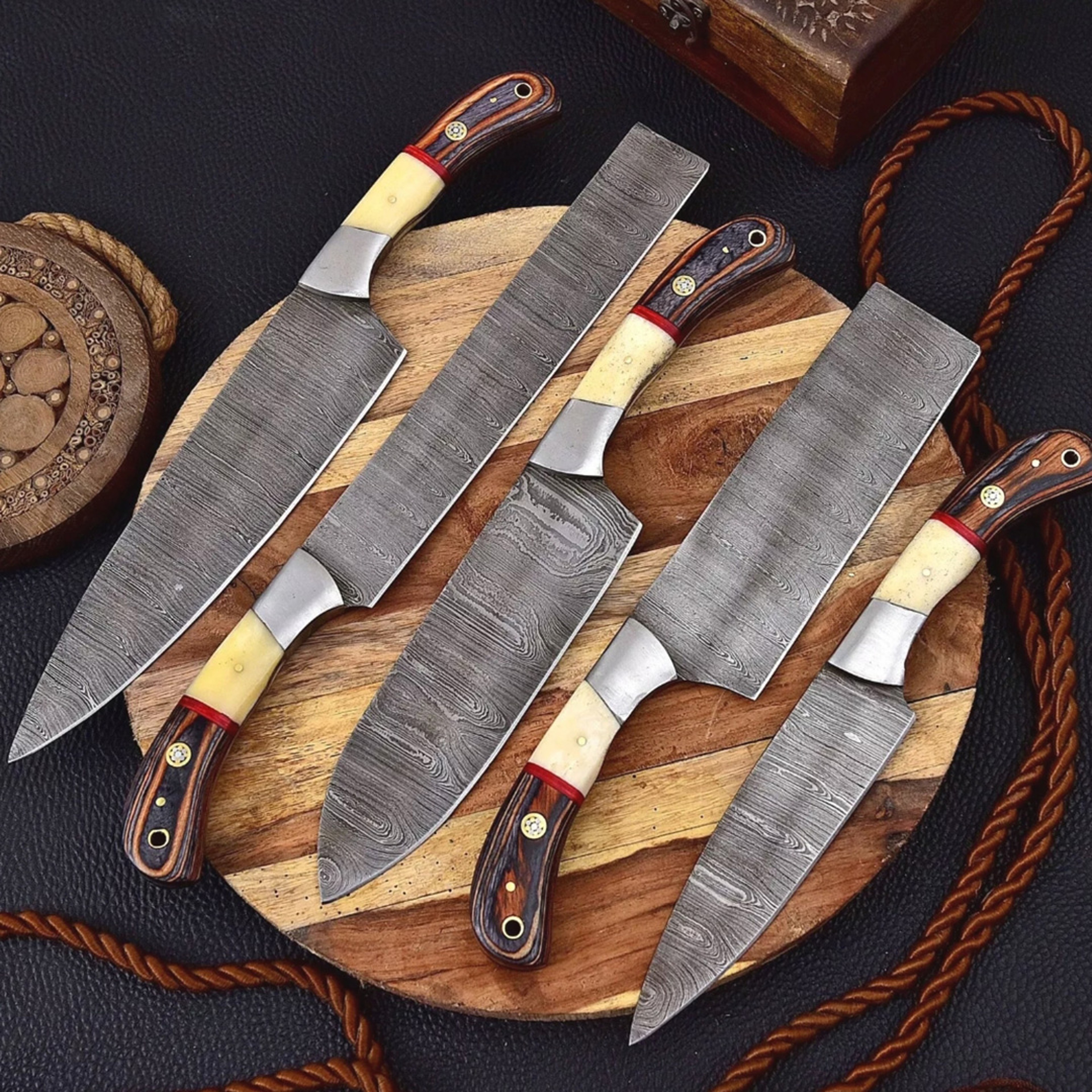 Handmade Damascus Steel Knife Set with Camel Bone & Wood Handles - 5-Piece Professional Chef Knife Set – view 4
