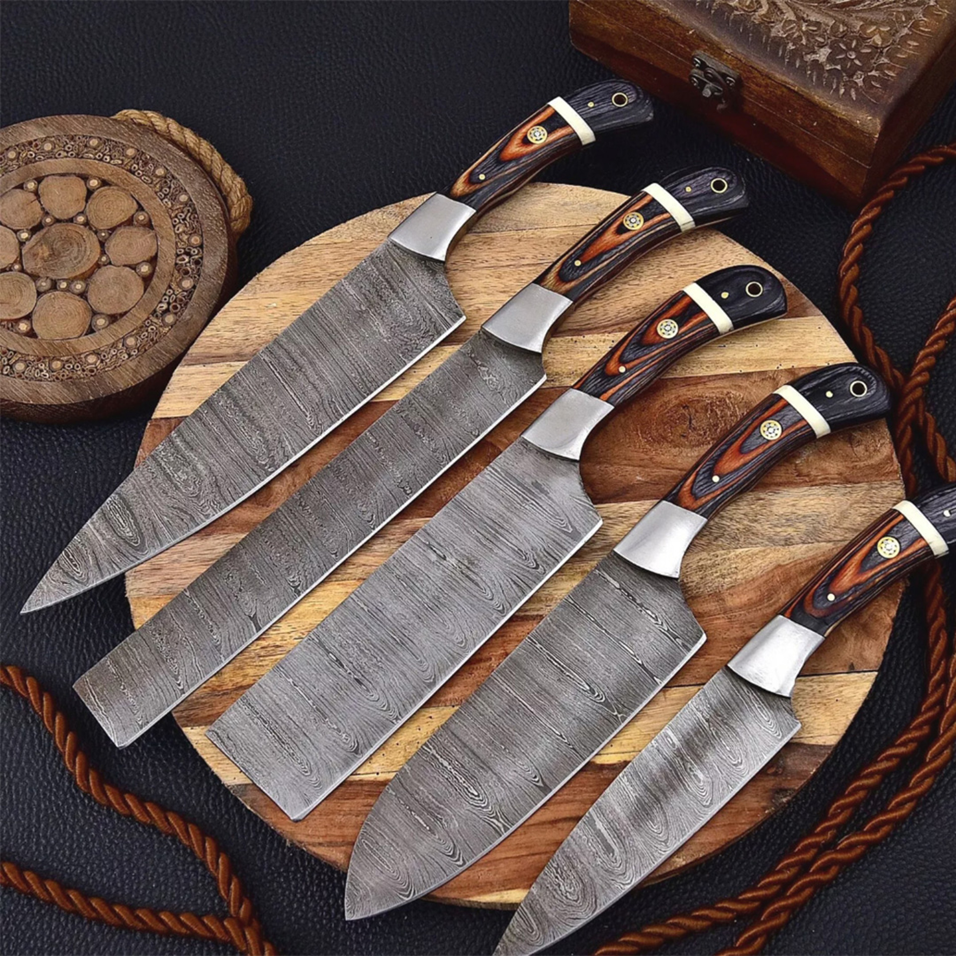 Handmade Damascus Steel Knife Set | 5-Piece Chef Collection with Wood & Steel Handles | Premium Hand-Forged Kitchen – view 2