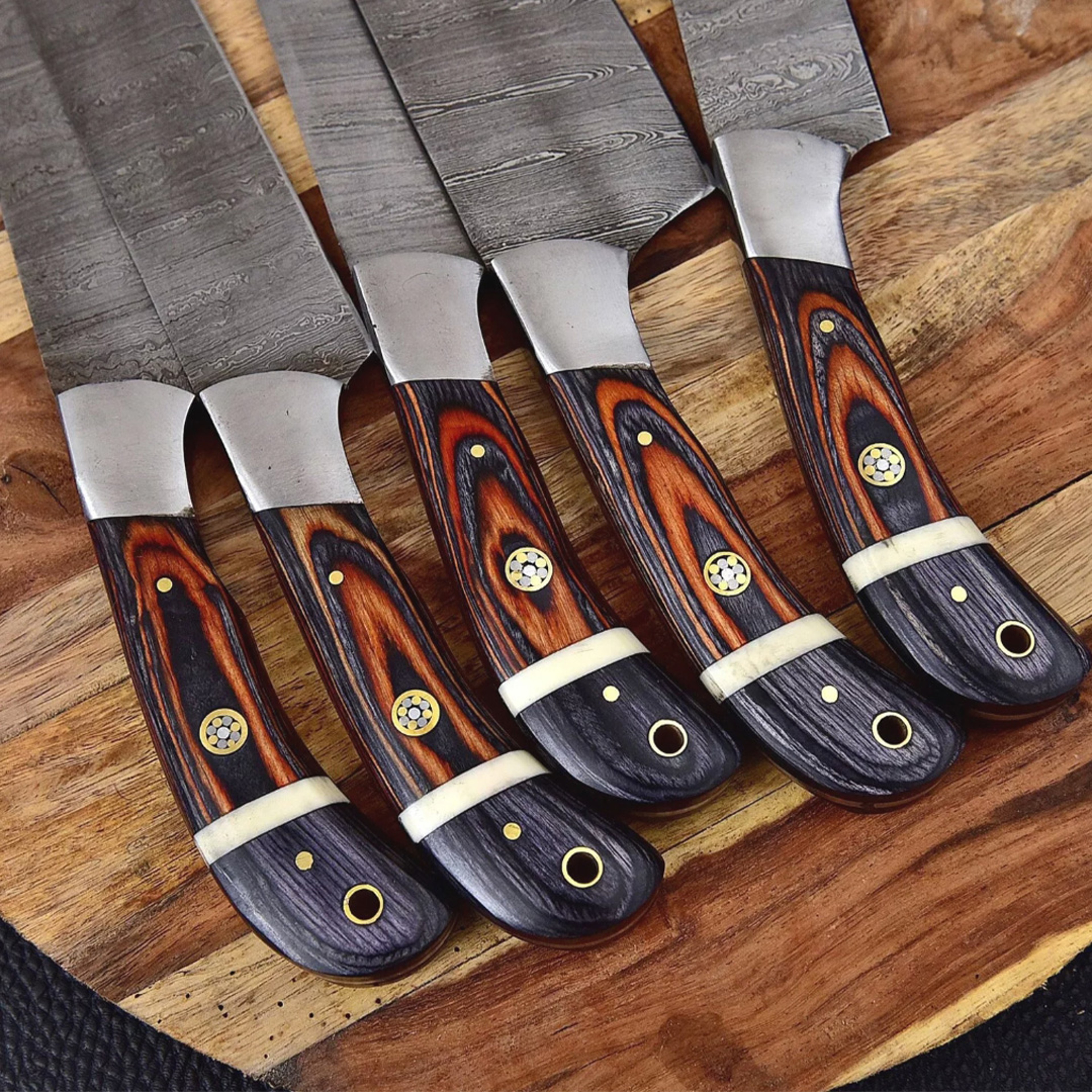 Handmade Damascus Steel Knife Set | 5-Piece Chef Collection with Wood & Steel Handles | Premium Hand-Forged Kitchen – view 3
