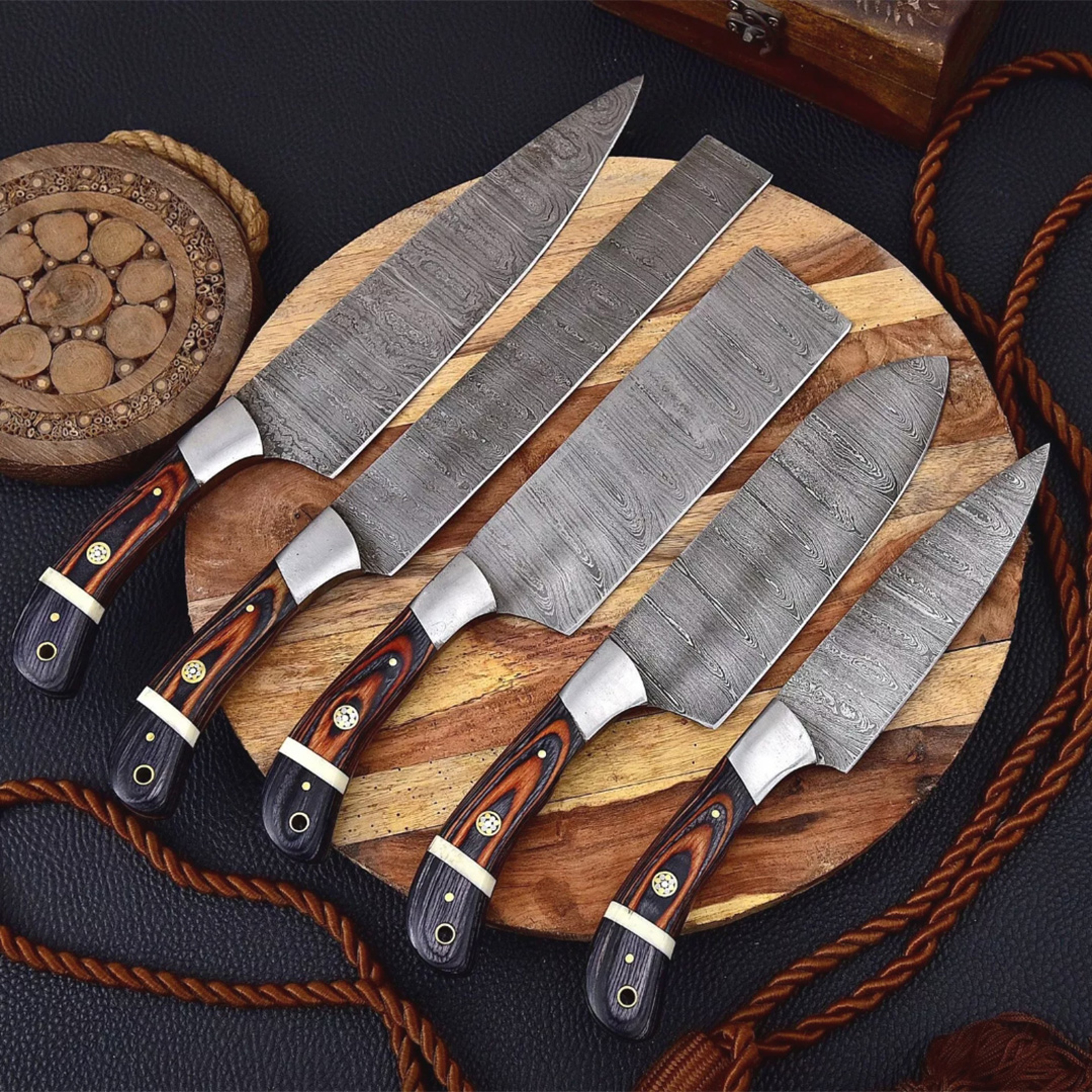 Handmade Damascus Steel Knife Set | 5-Piece Chef Collection with Wood & Steel Handles | Premium Hand-Forged Kitchen – view 1