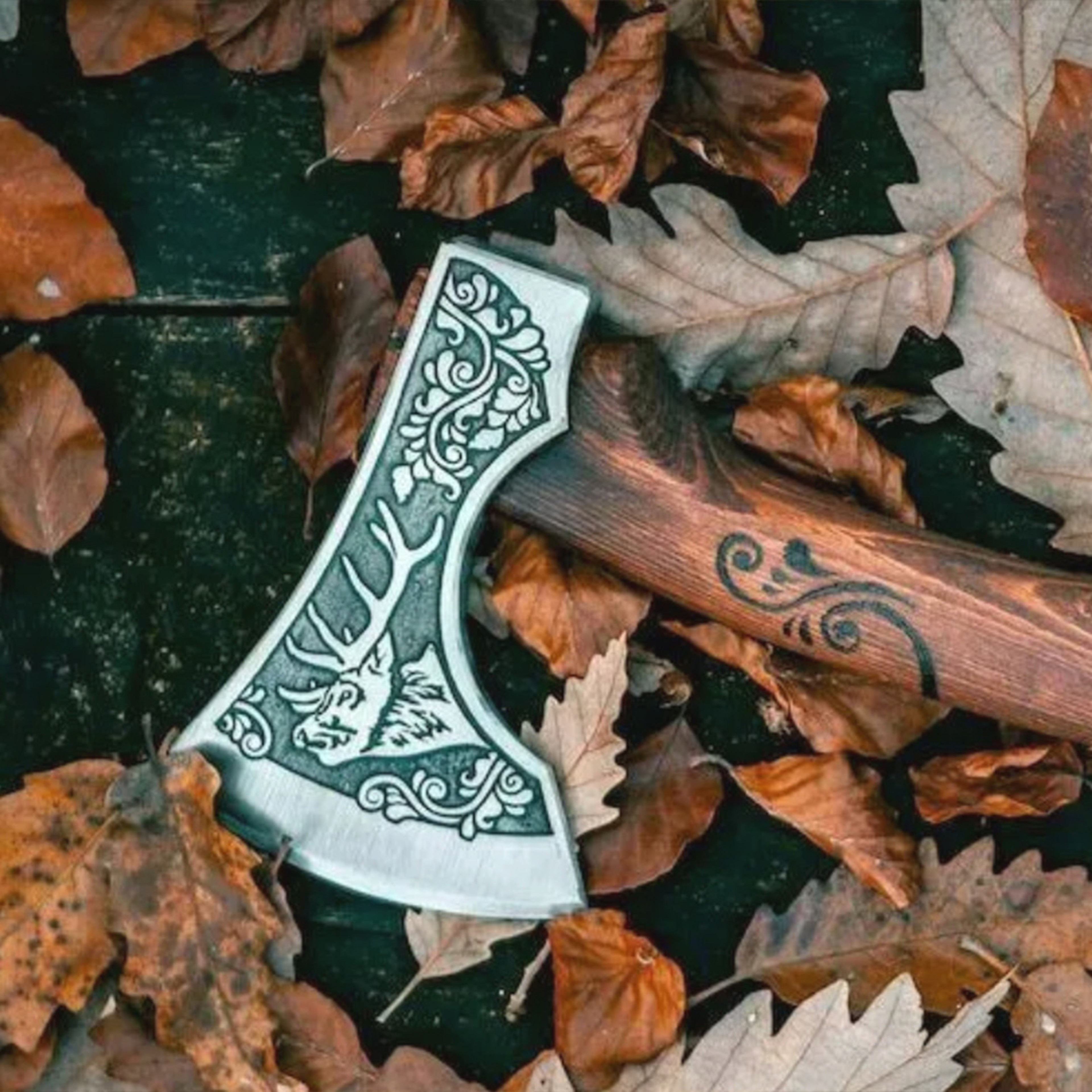 Handmade High-Carbon Steel Tomahawk Axe | Hand-Forged Battle Axe with Carved Head & Oil-Polished Ash Wood Handle – view 2