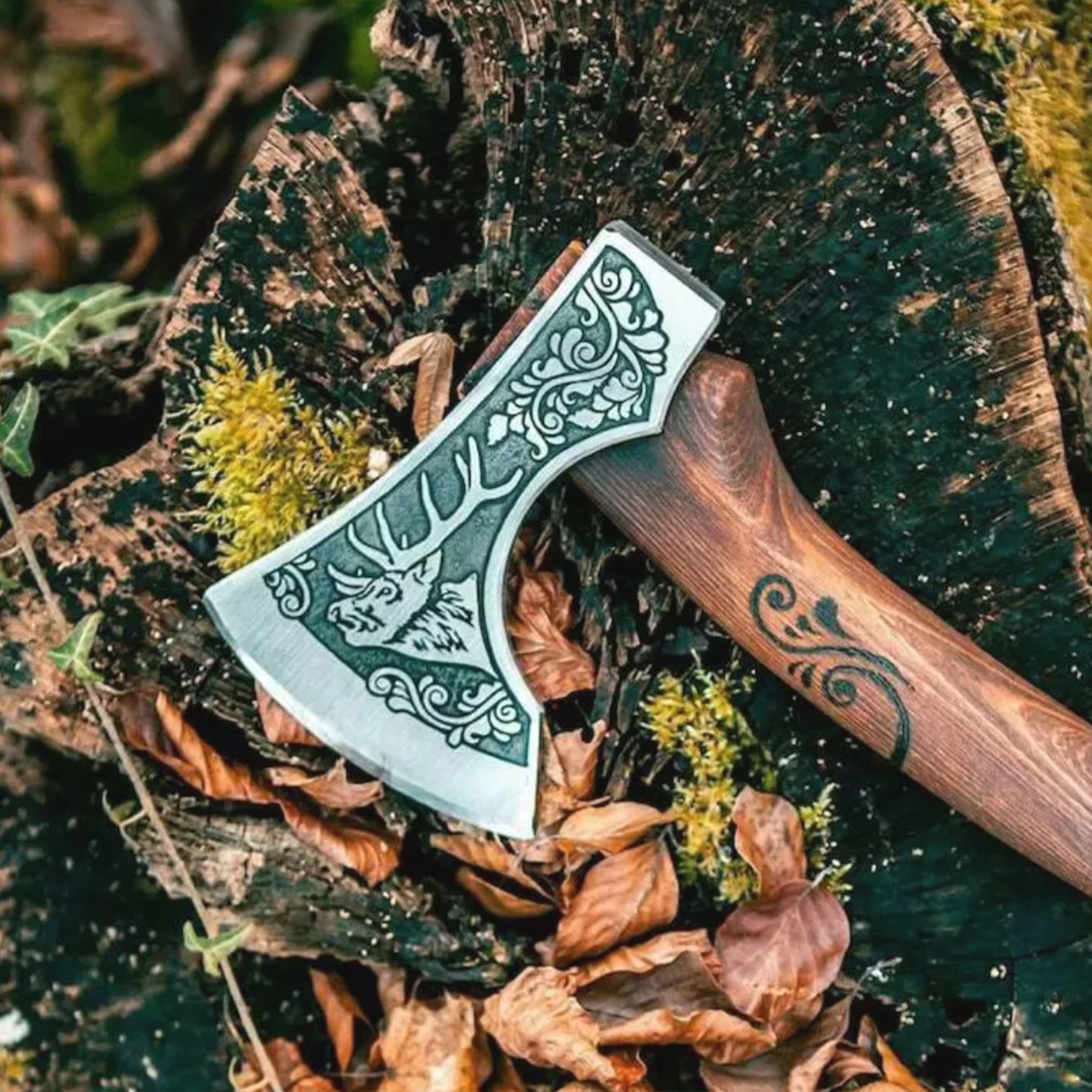 Handmade High-Carbon Steel Tomahawk Axe | Hand-Forged Battle Axe with Carved Head & Oil-Polished Ash Wood Handle – view 4