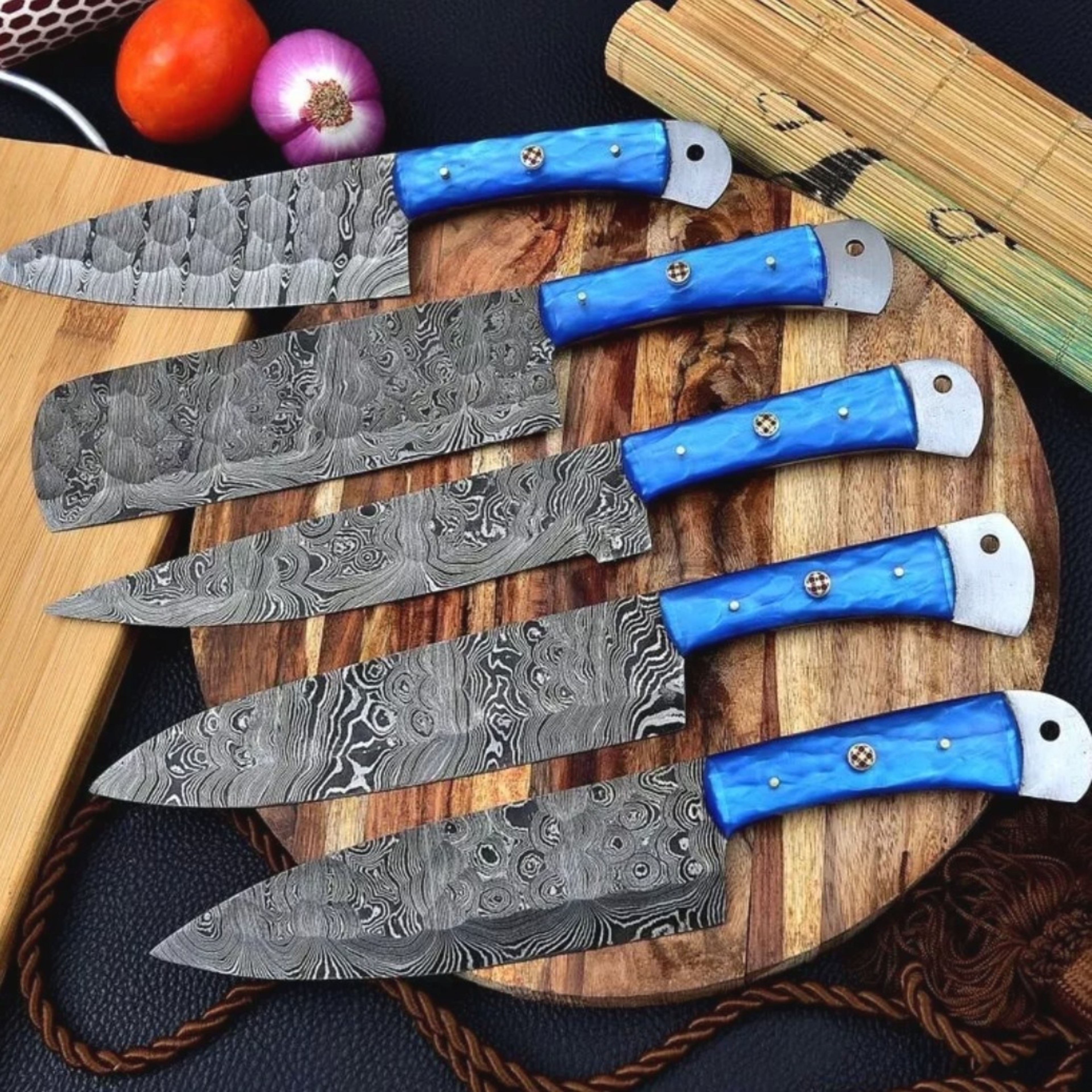 Handmade Damascus Chef Knife Set Of 5 Pcs With leather Sheath Father's Day Gift Groomsmen Gift BBQ – view 3