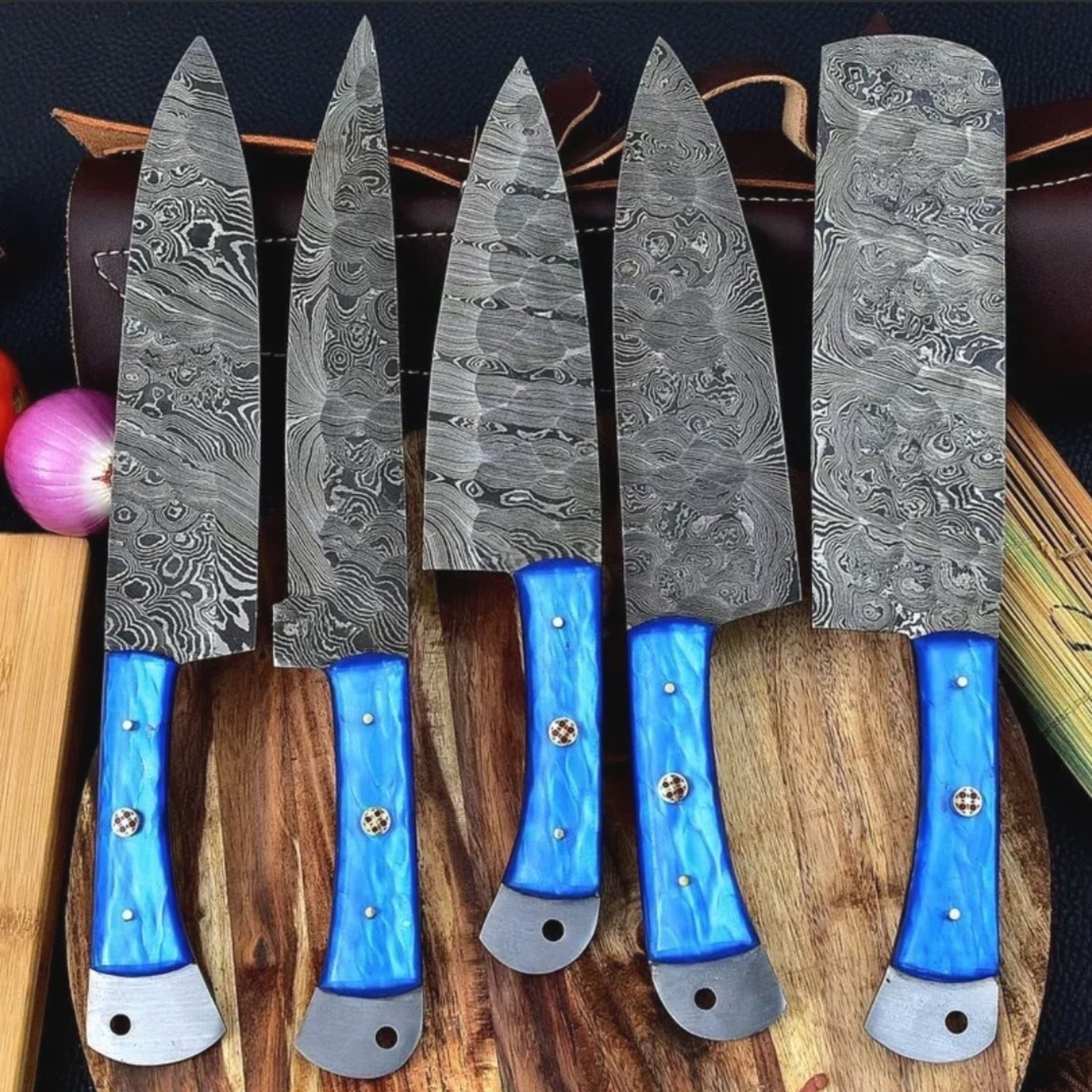 Handmade Damascus Chef Knife Set Of 5 Pcs With leather Sheath Father's Day Gift Groomsmen Gift BBQ – view 4