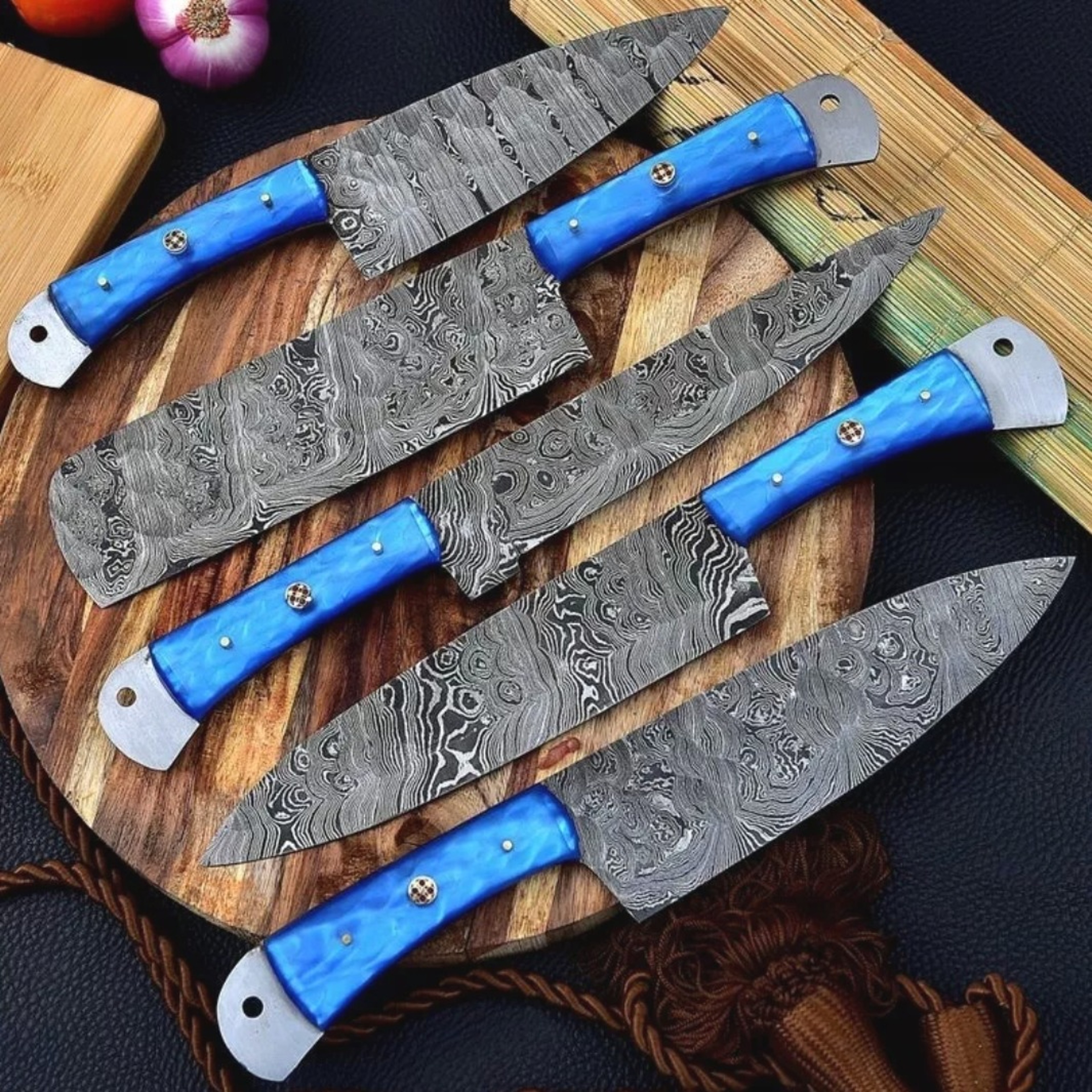 Handmade Damascus Chef Knife Set Of 5 Pcs With leather Sheath Father's Day Gift Groomsmen Gift BBQ – view 5