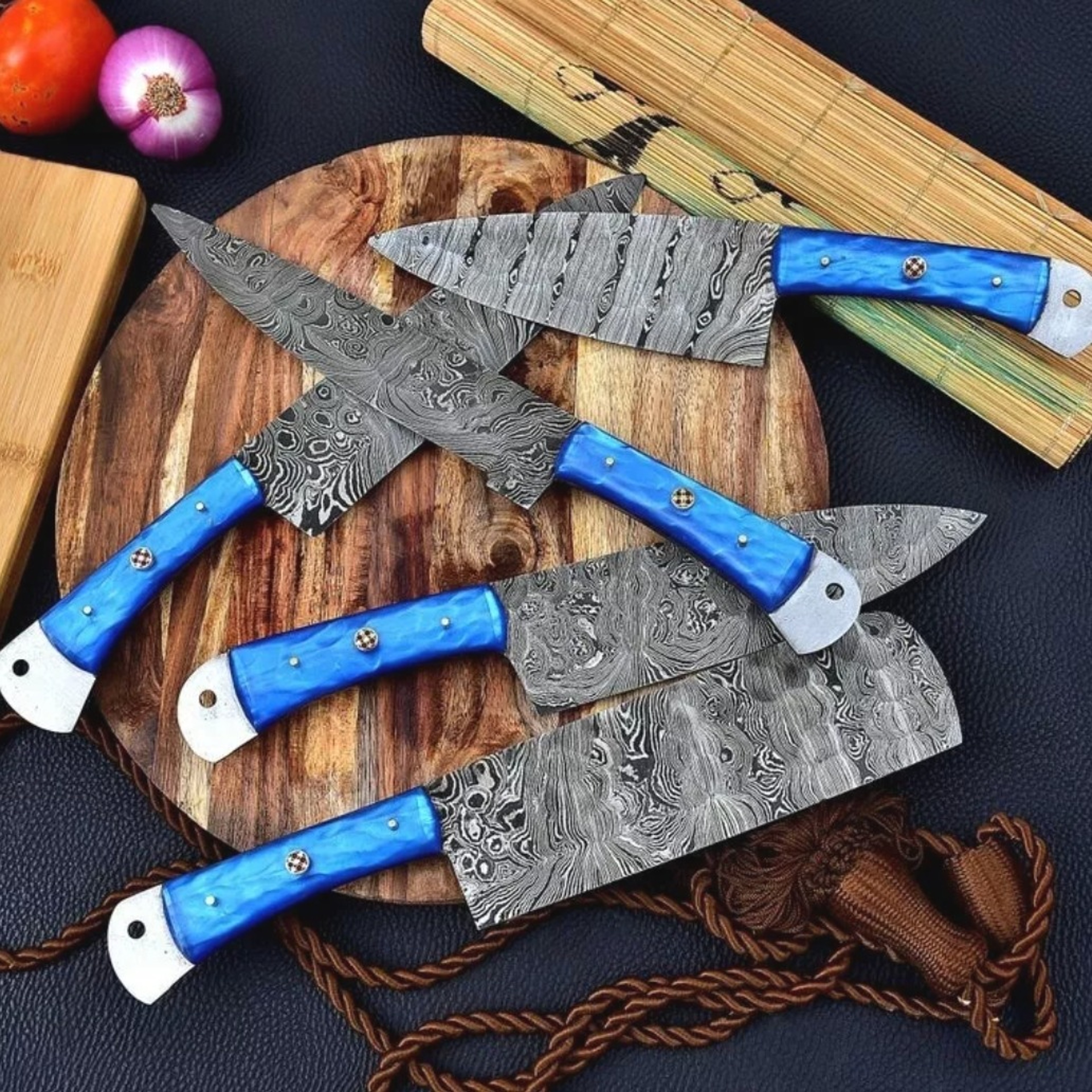 Handmade Damascus Chef Knife Set Of 5 Pcs With leather Sheath Father's Day Gift Groomsmen Gift BBQ – view 6