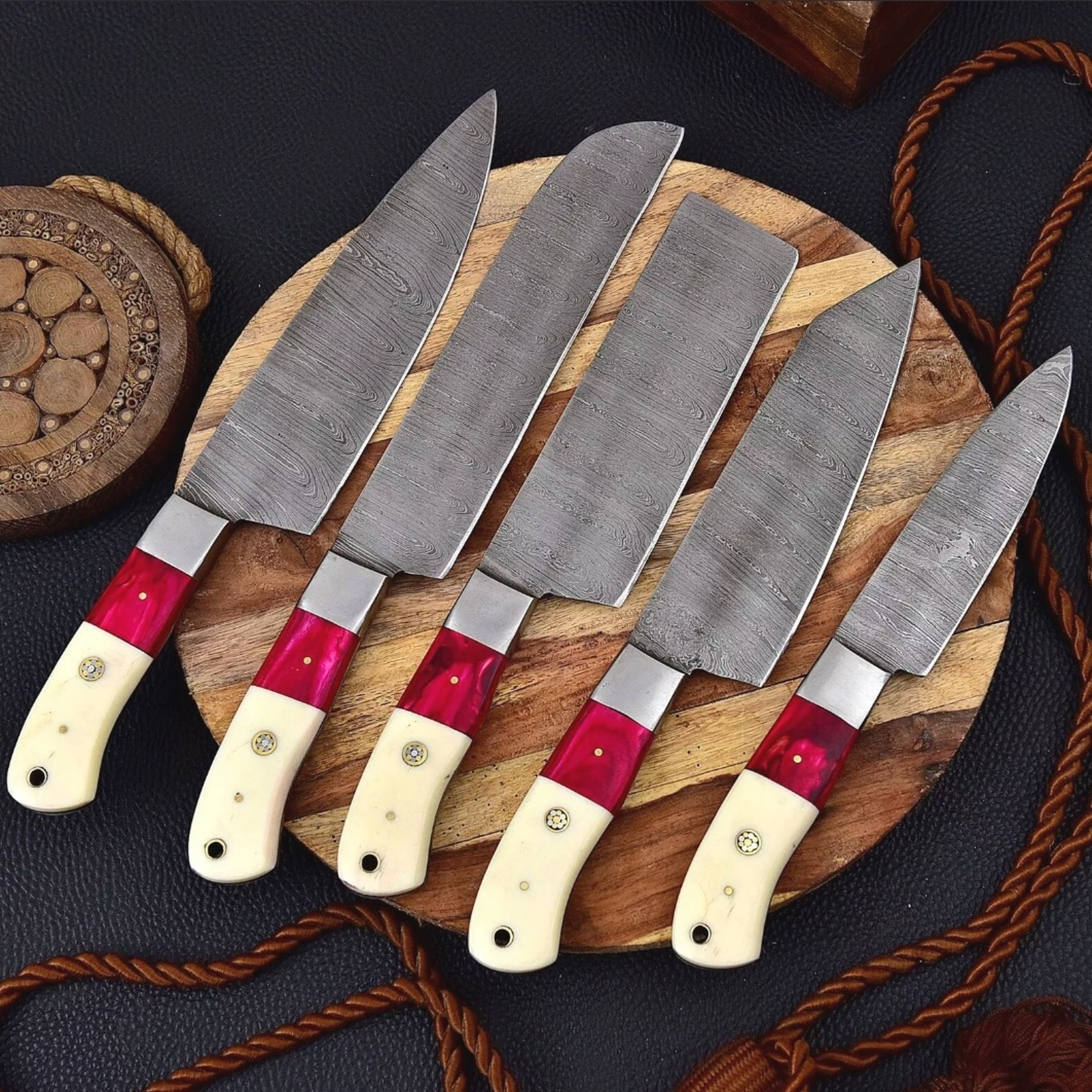Handmade Damascus Chef Knife Set Of 5 Pcs With leather Sheath Father's Day Gift Groomsmen Gift BBQ – view 2