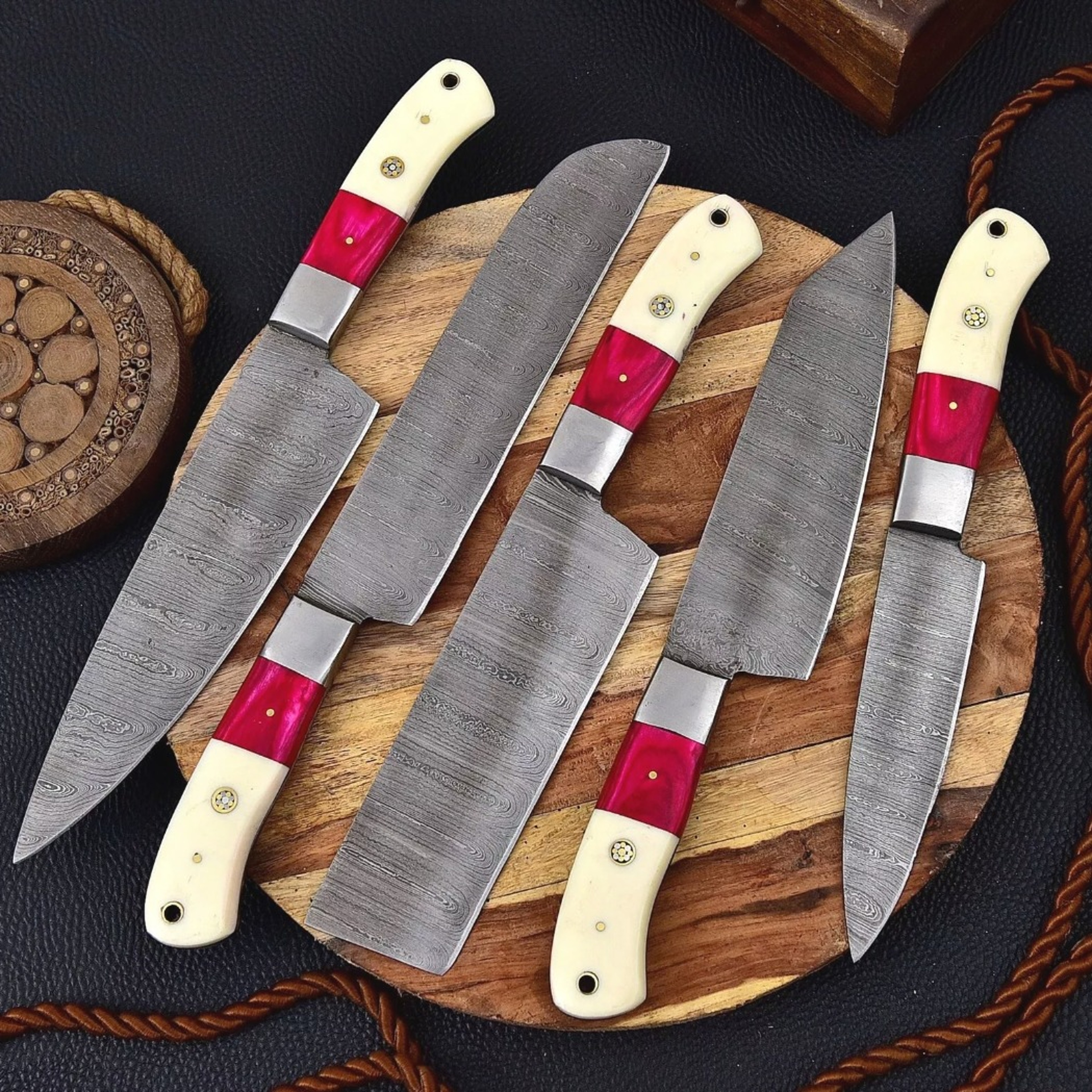 Handmade Damascus Chef Knife Set Of 5 Pcs With leather Sheath Father's Day Gift Groomsmen Gift BBQ – view 4