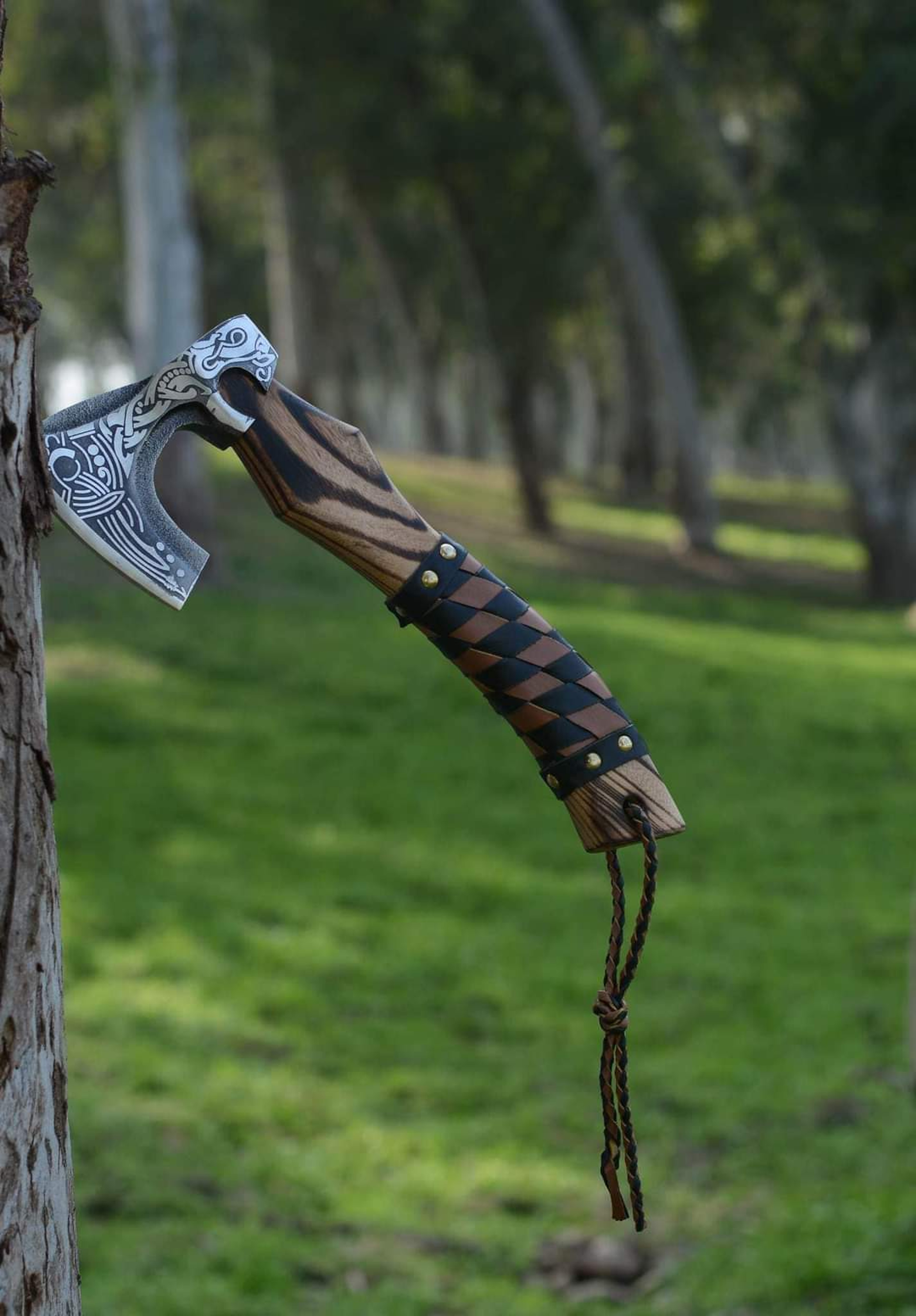 hunting axe, viking axe, with rose wood, engraved cutting axe, anniversary gifts for her, gifts for him, camping axes – view 1