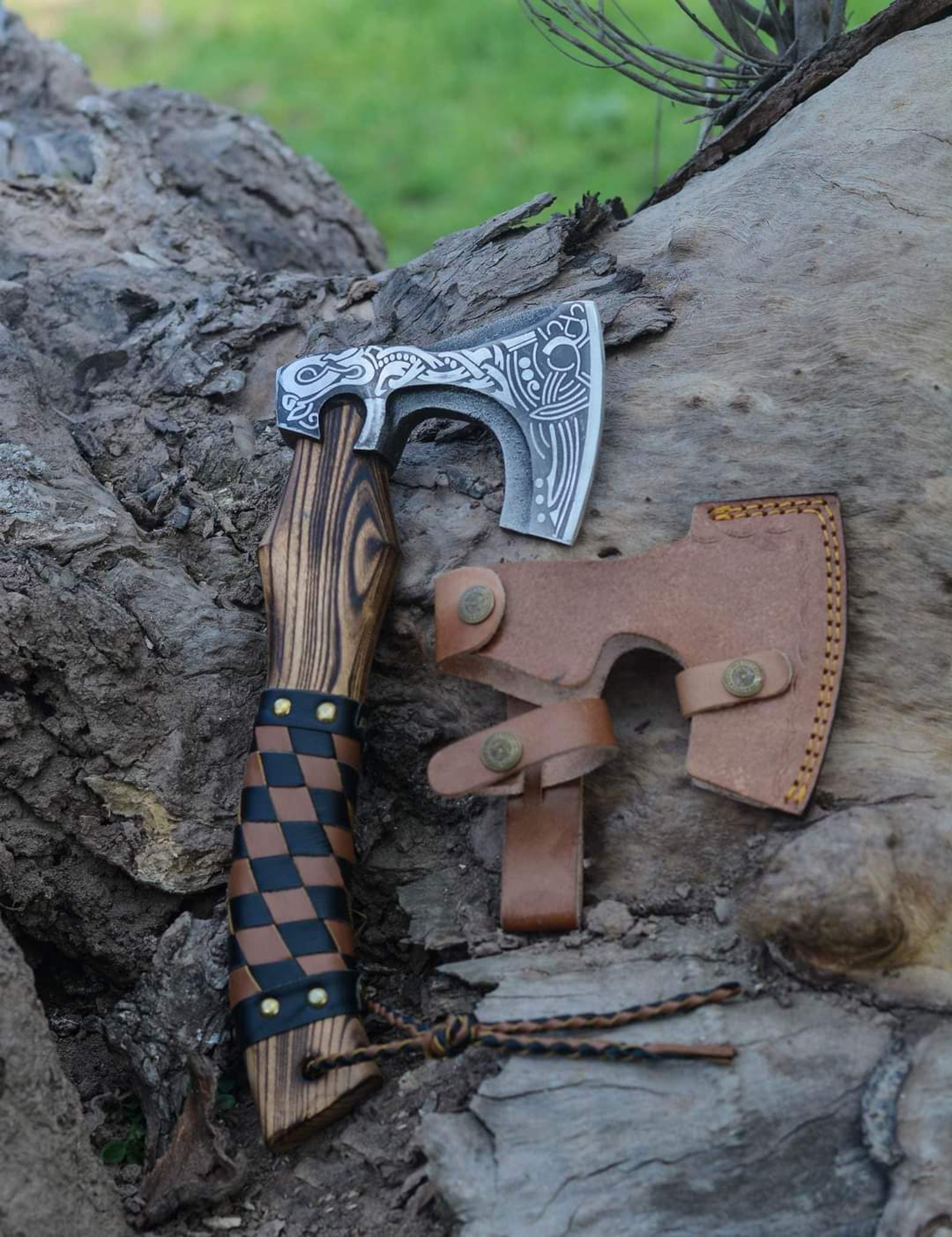 hunting axe, viking axe, with rose wood, engraved cutting axe, anniversary gifts for her, gifts for him, camping axes – view 2