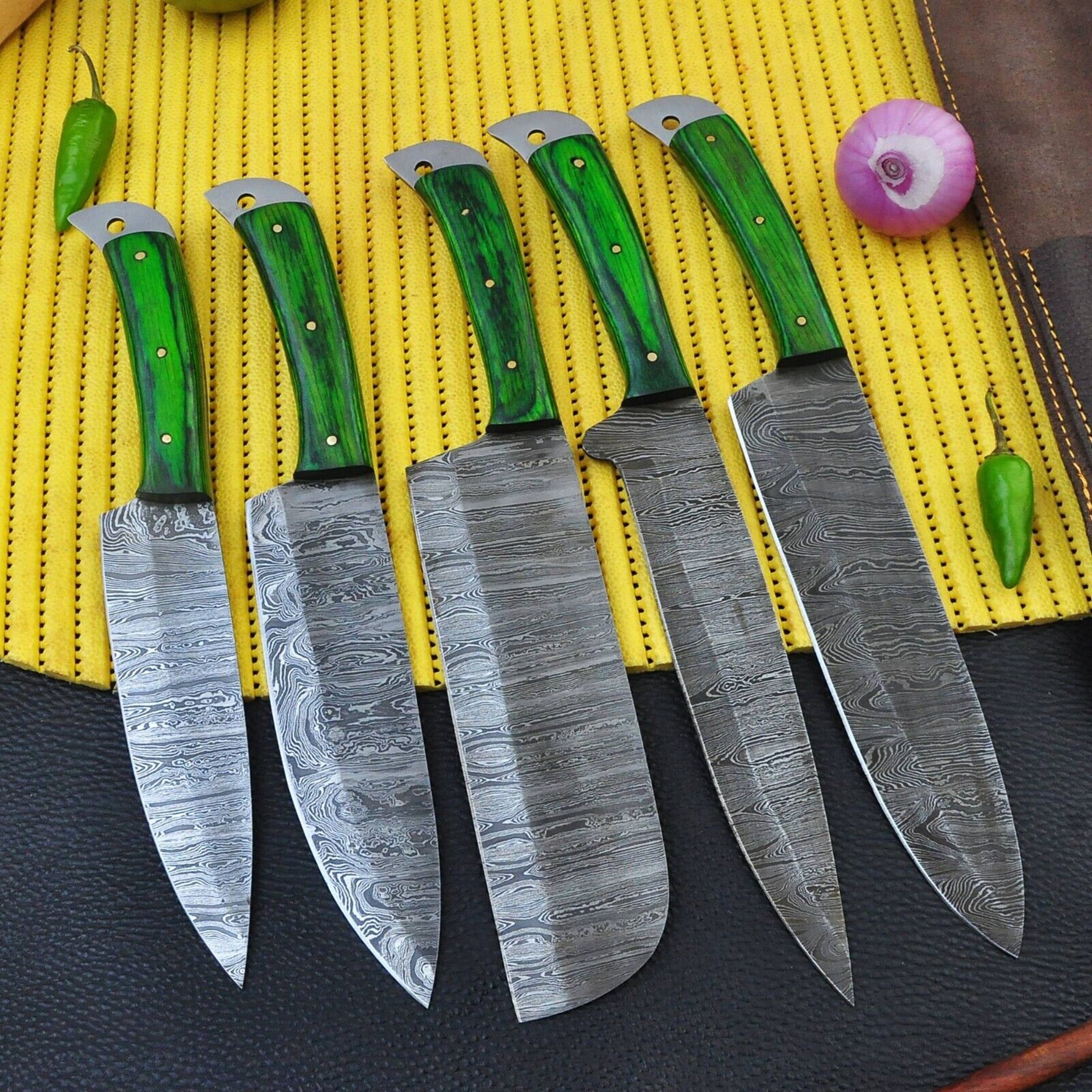 Handmade Chef Set of Damascus Steel with Leather Bags – view 1