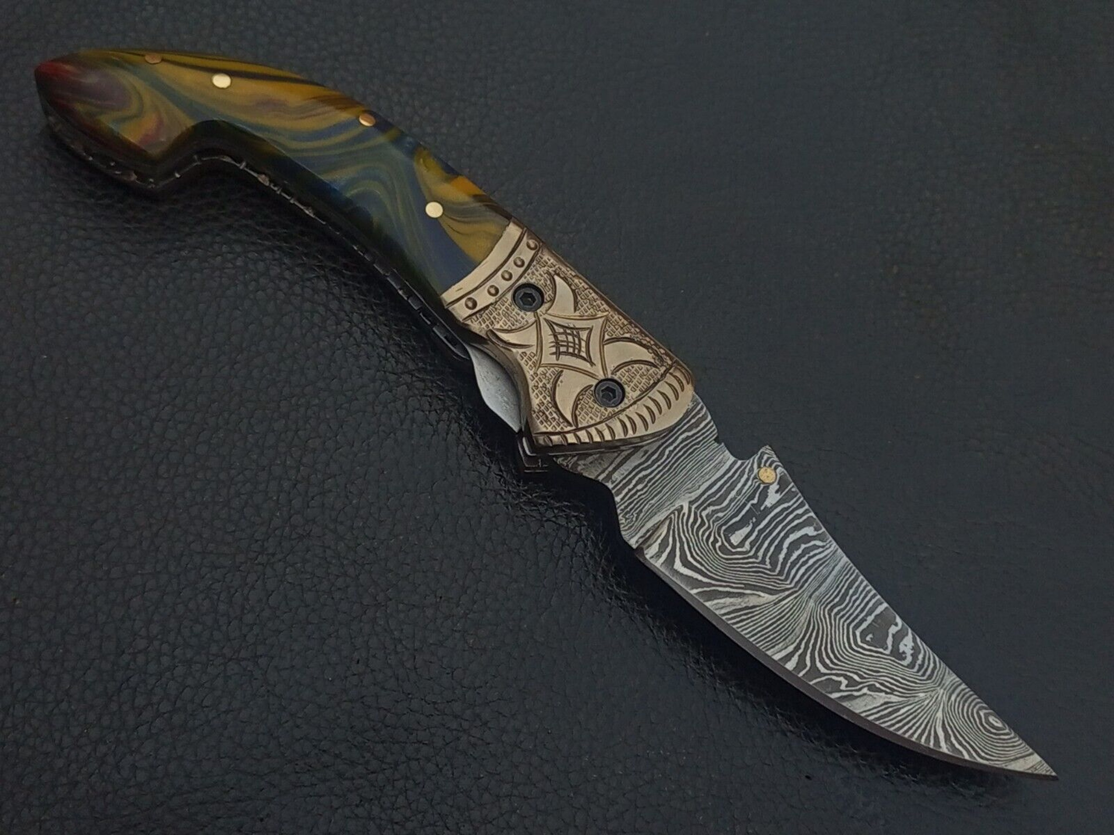 DAMASCUS STEEL CUSTOM MADE POCKET FOLDING KNIFE RESIN HANDLE W/SHEATH – view 2