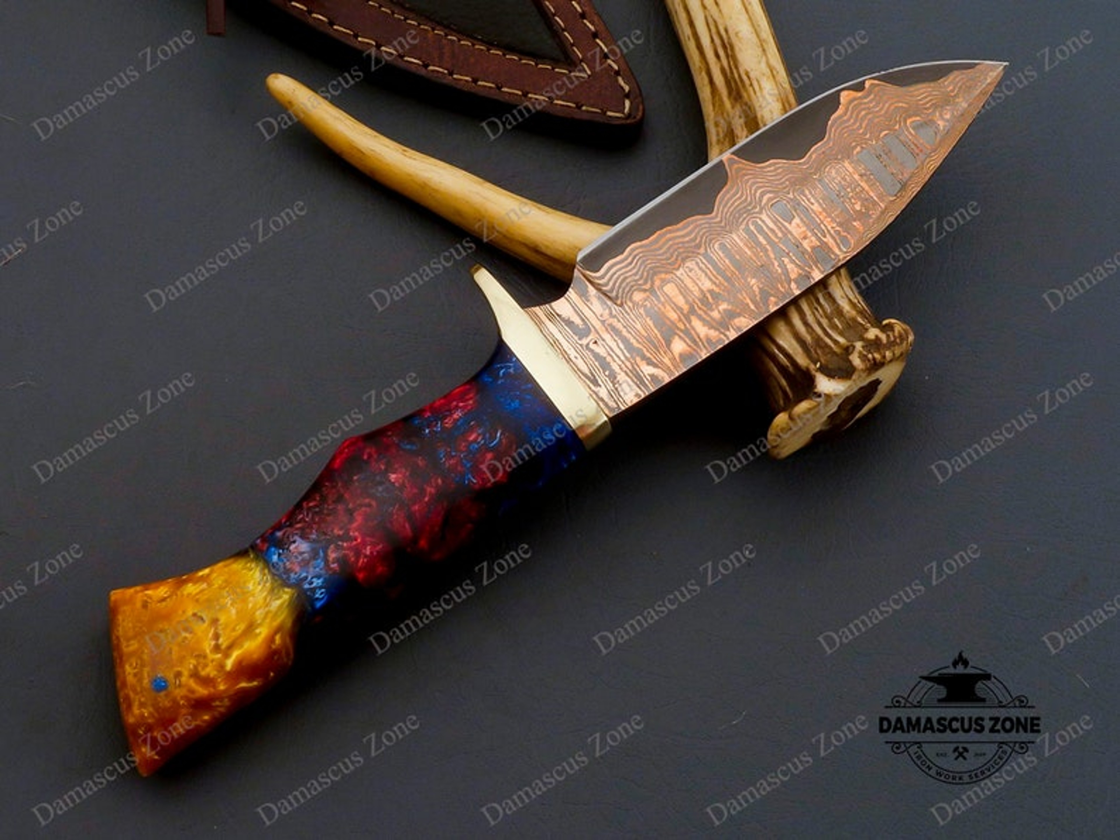 custom Handmade Copper Damascus knife with sheath, gift, for him, gift for her, Christmas gift, Birthday gift, Mokume Ga – view 4