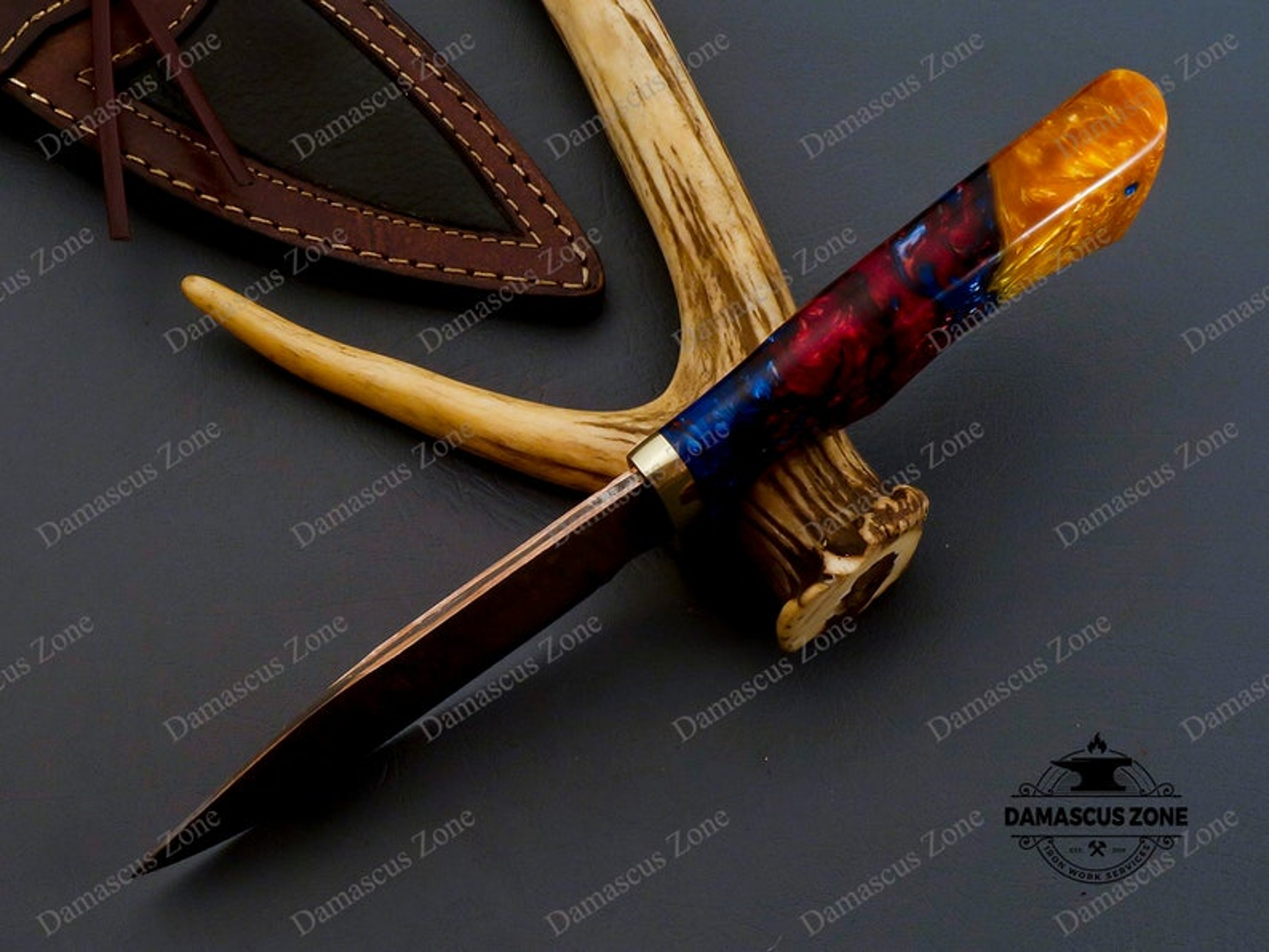 custom Handmade Copper Damascus knife with sheath, gift, for him, gift for her, Christmas gift, Birthday gift, Mokume Ga – view 5