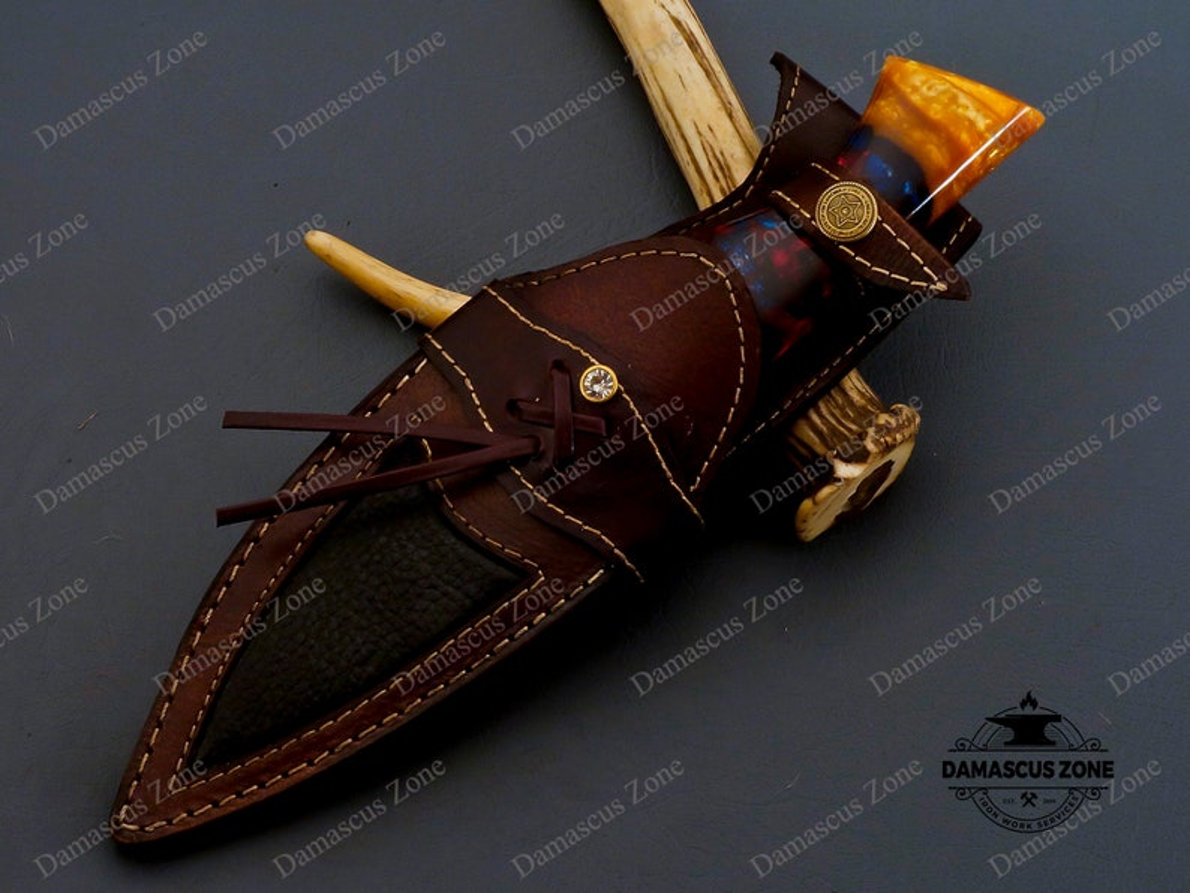 custom Handmade Copper Damascus knife with sheath, gift, for him, gift for her, Christmas gift, Birthday gift, Mokume Ga – view 2