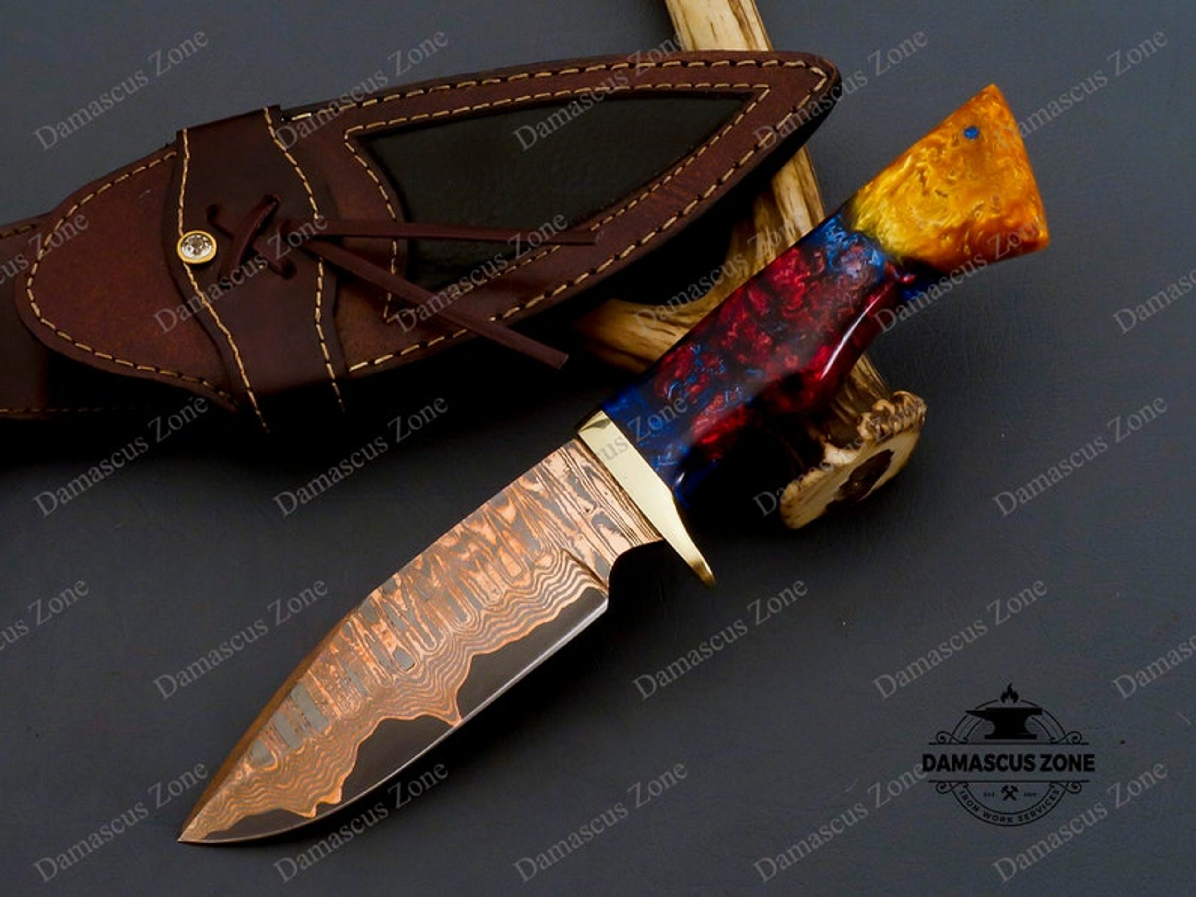 custom Handmade Copper Damascus knife with sheath, gift, for him, gift for her, Christmas gift, Birthday gift, Mokume Ga – view 7