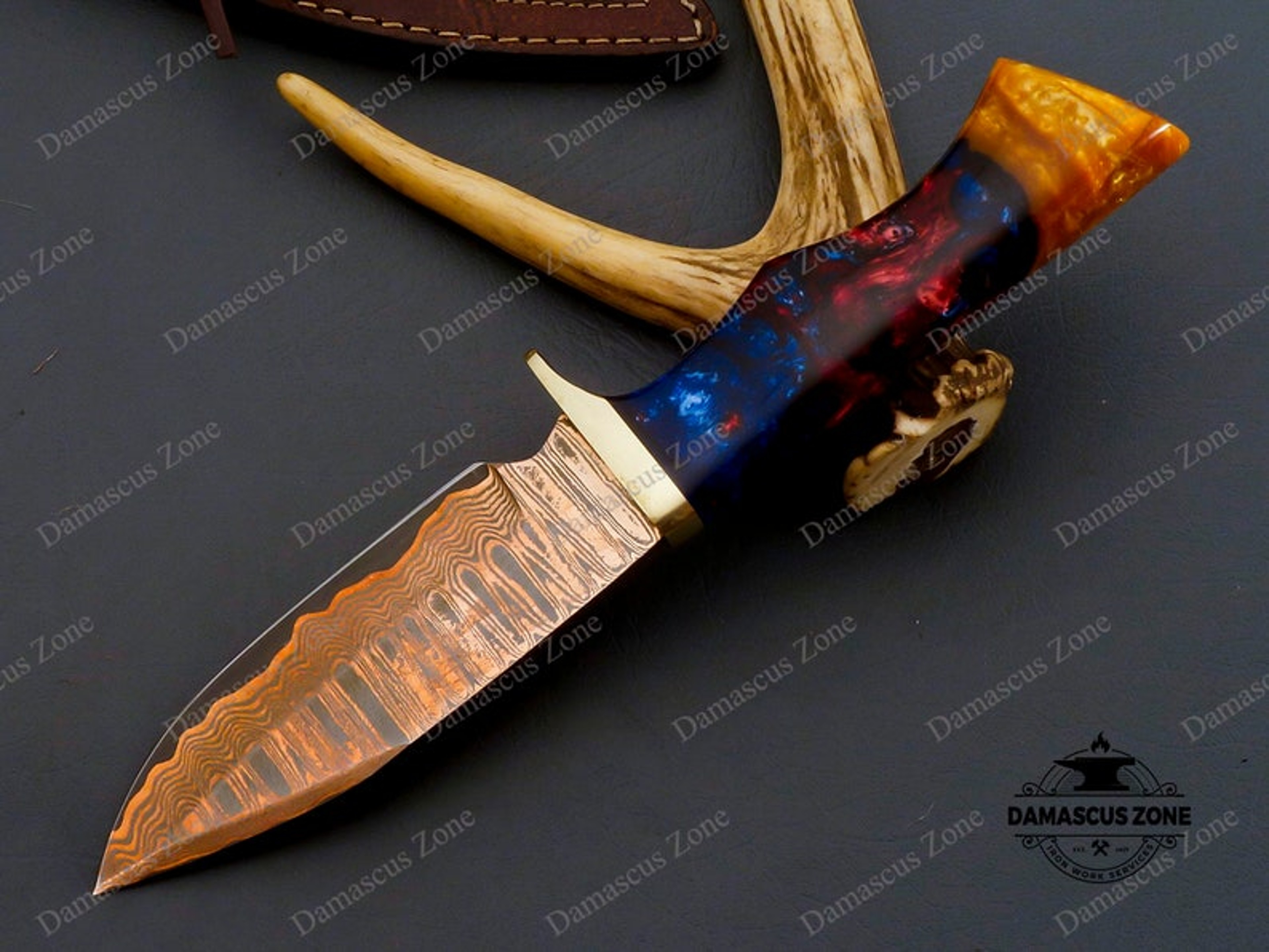 custom Handmade Copper Damascus knife with sheath, gift, for him, gift for her, Christmas gift, Birthday gift, Mokume Ga – view 6