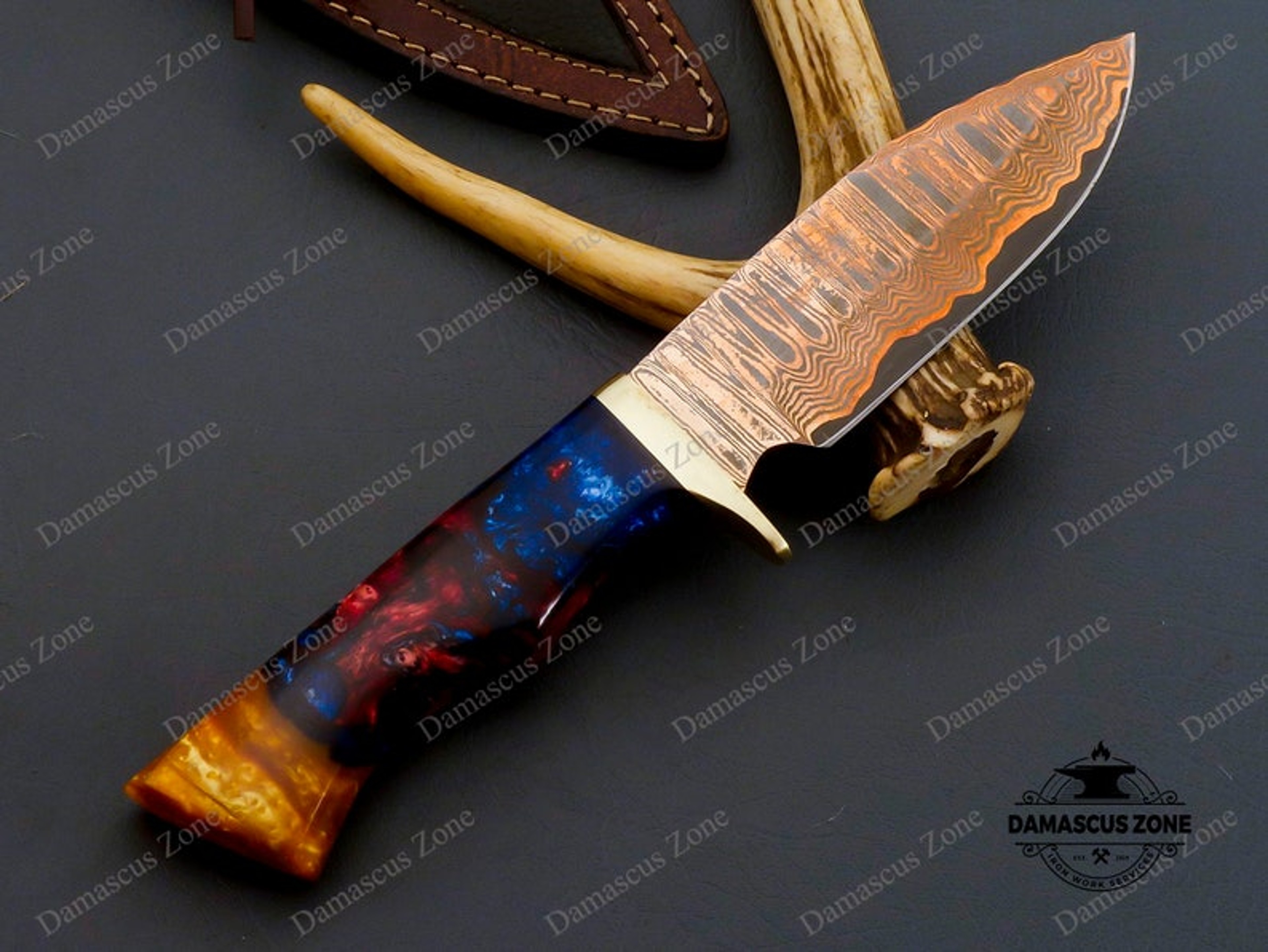 custom Handmade Copper Damascus knife with sheath, gift, for him, gift for her, Christmas gift, Birthday gift, Mokume Ga – view 8
