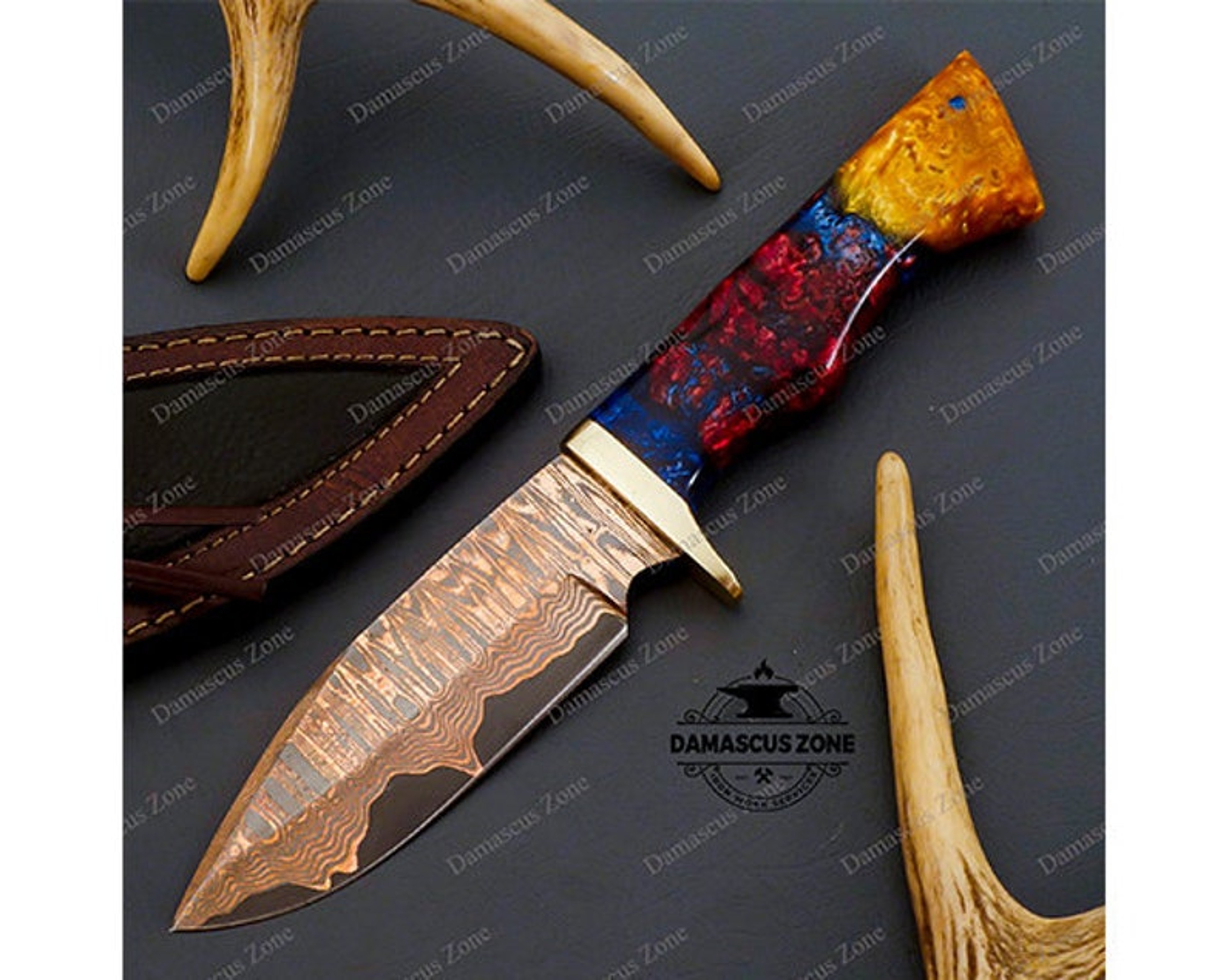 custom Handmade Copper Damascus knife with sheath, gift, for him, gift for her, Christmas gift, Birthday gift, Mokume Ga – view 9