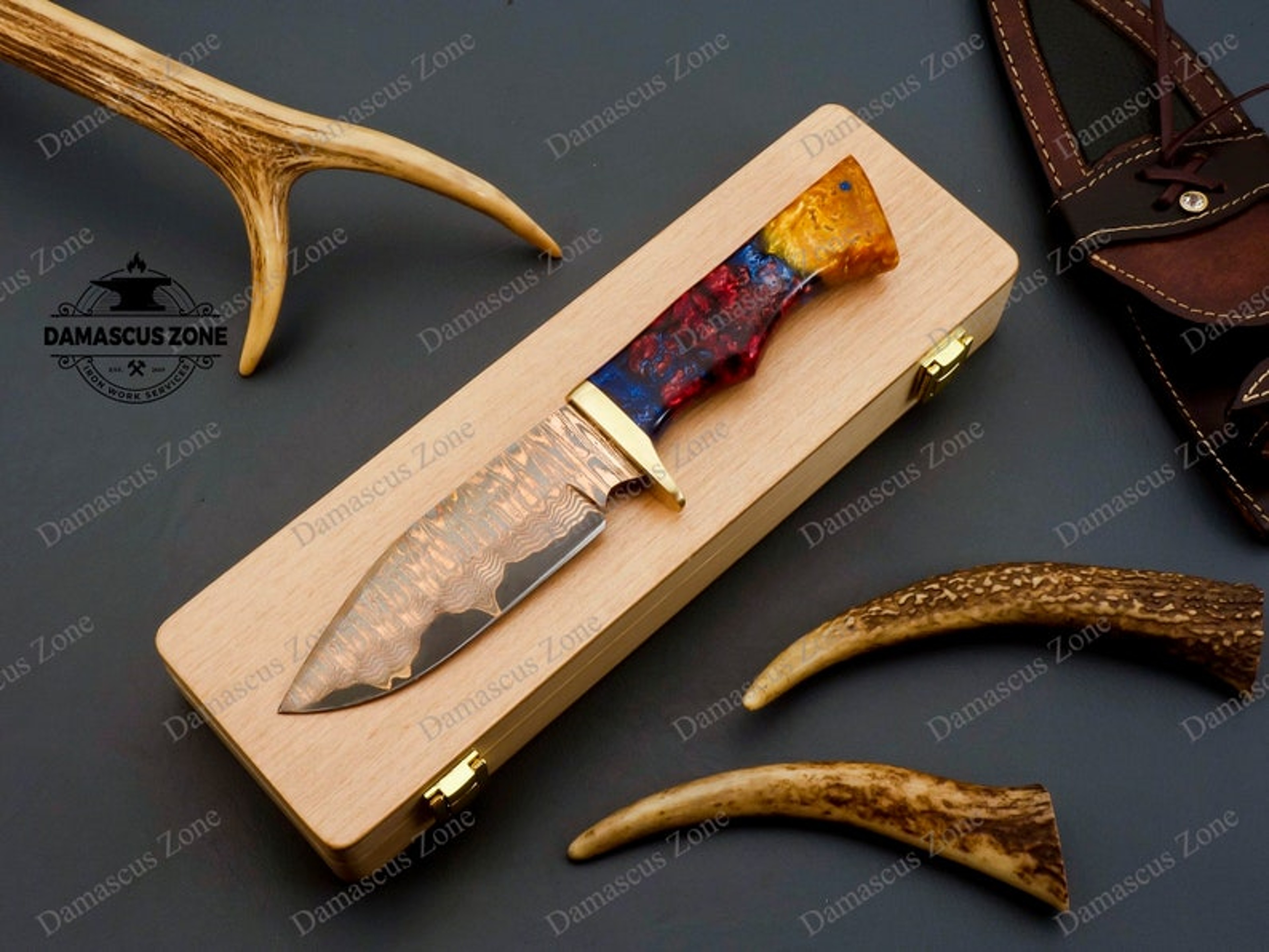 custom Handmade Copper Damascus knife with sheath, gift, for him, gift for her, Christmas gift, Birthday gift, Mokume Ga – view 10