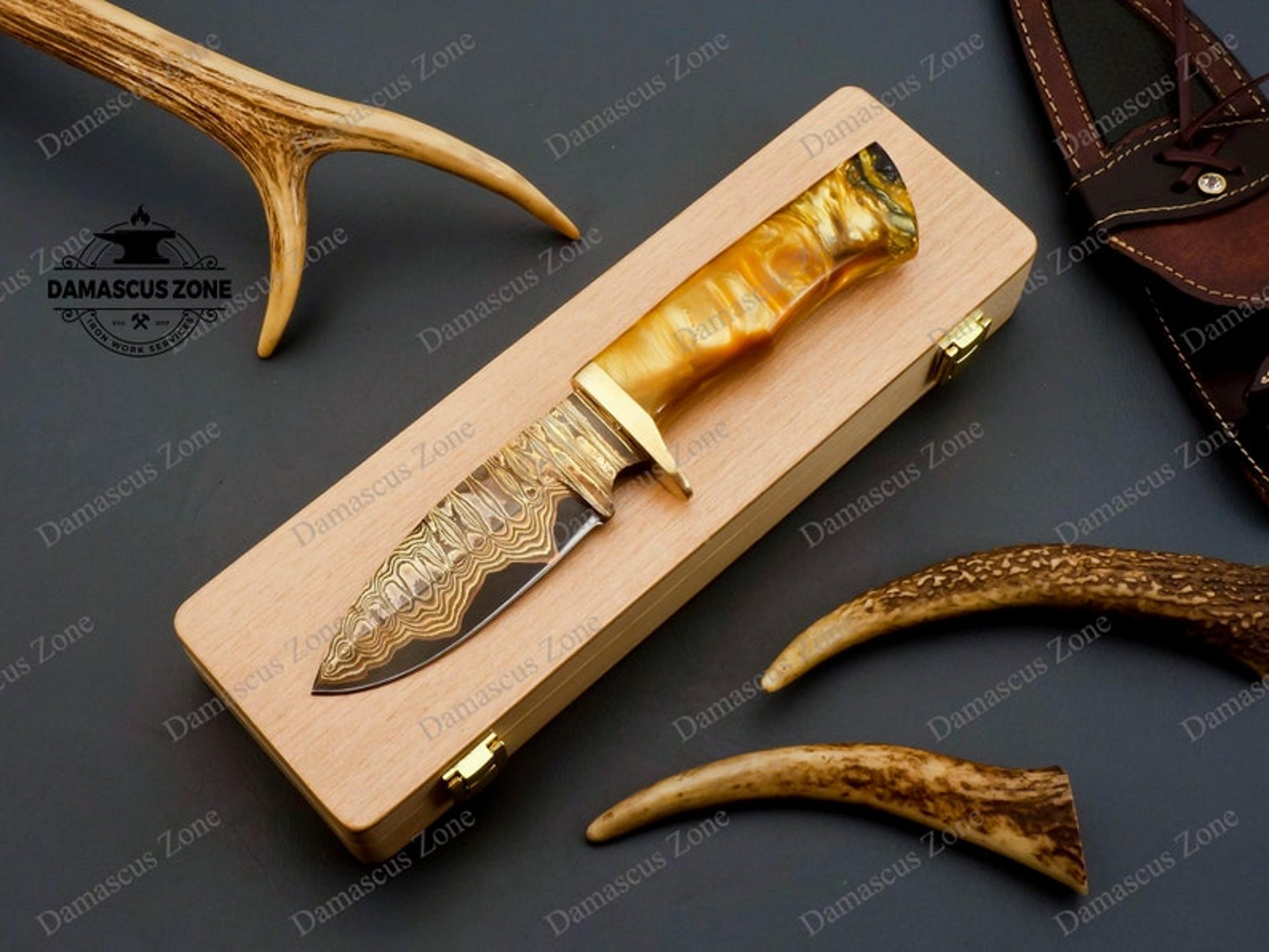 custom Handmade Copper Damascus knife 2 Alloy with sheath, gift, for him, gift for her, Christmas gift, Birthday gift, M – view 2