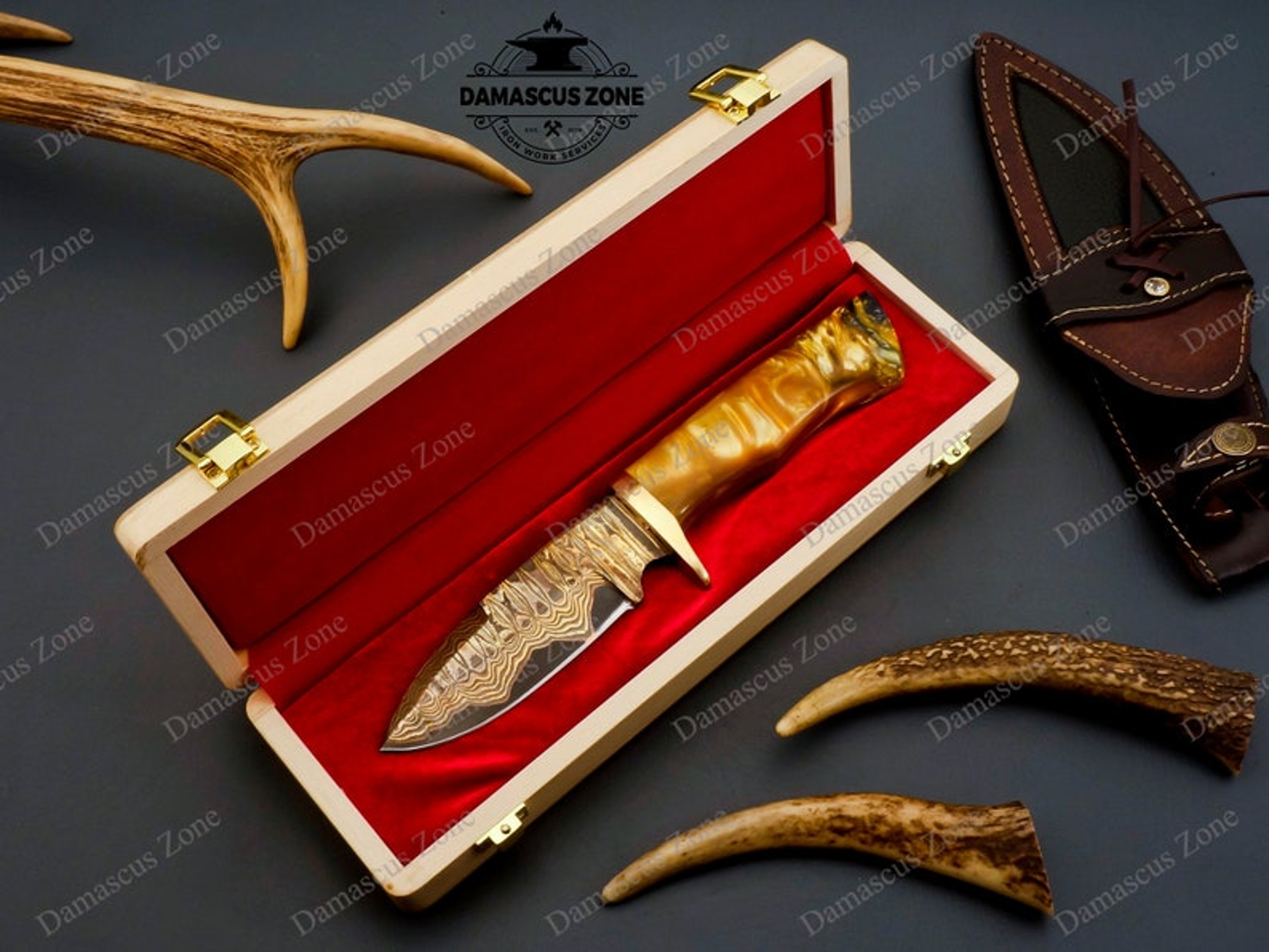 custom Handmade Copper Damascus knife 2 Alloy with sheath, gift, for him, gift for her, Christmas gift, Birthday gift, M – view 9
