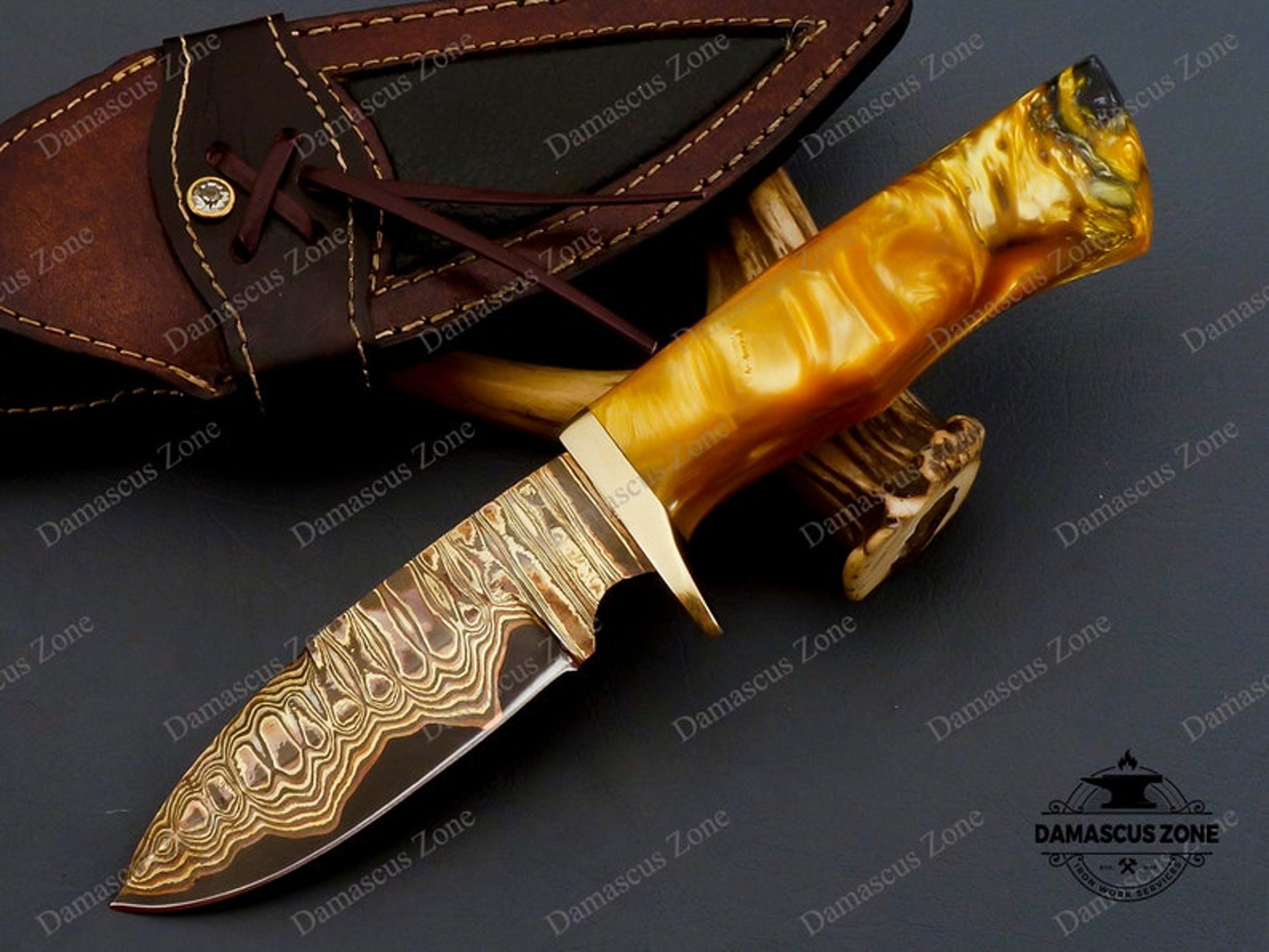 custom Handmade Copper Damascus knife 2 Alloy with sheath, gift, for him, gift for her, Christmas gift, Birthday gift, M – view 7
