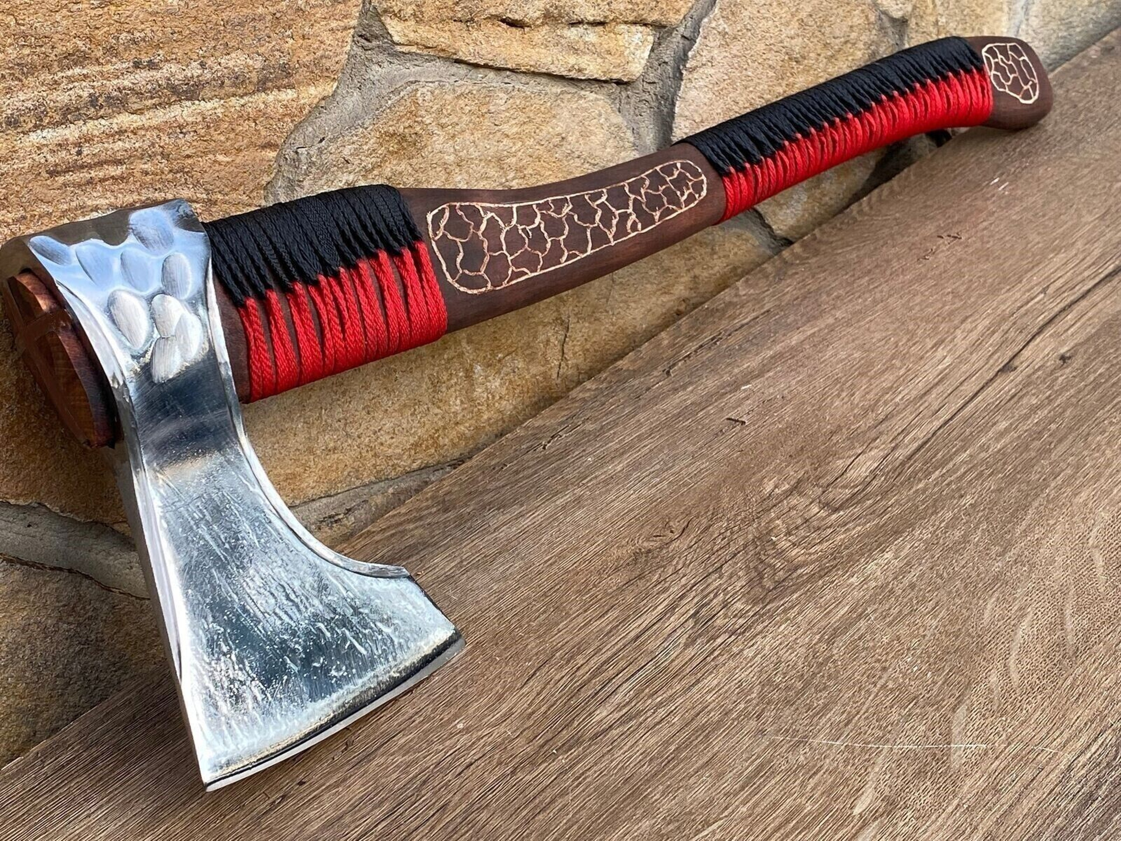 Hand-Forged Carbon Steel Axe | 21.5 Inch Acid-Etched Head with Cutting Edge Hand-Engraved Ash Wood Handle Axe – view 4