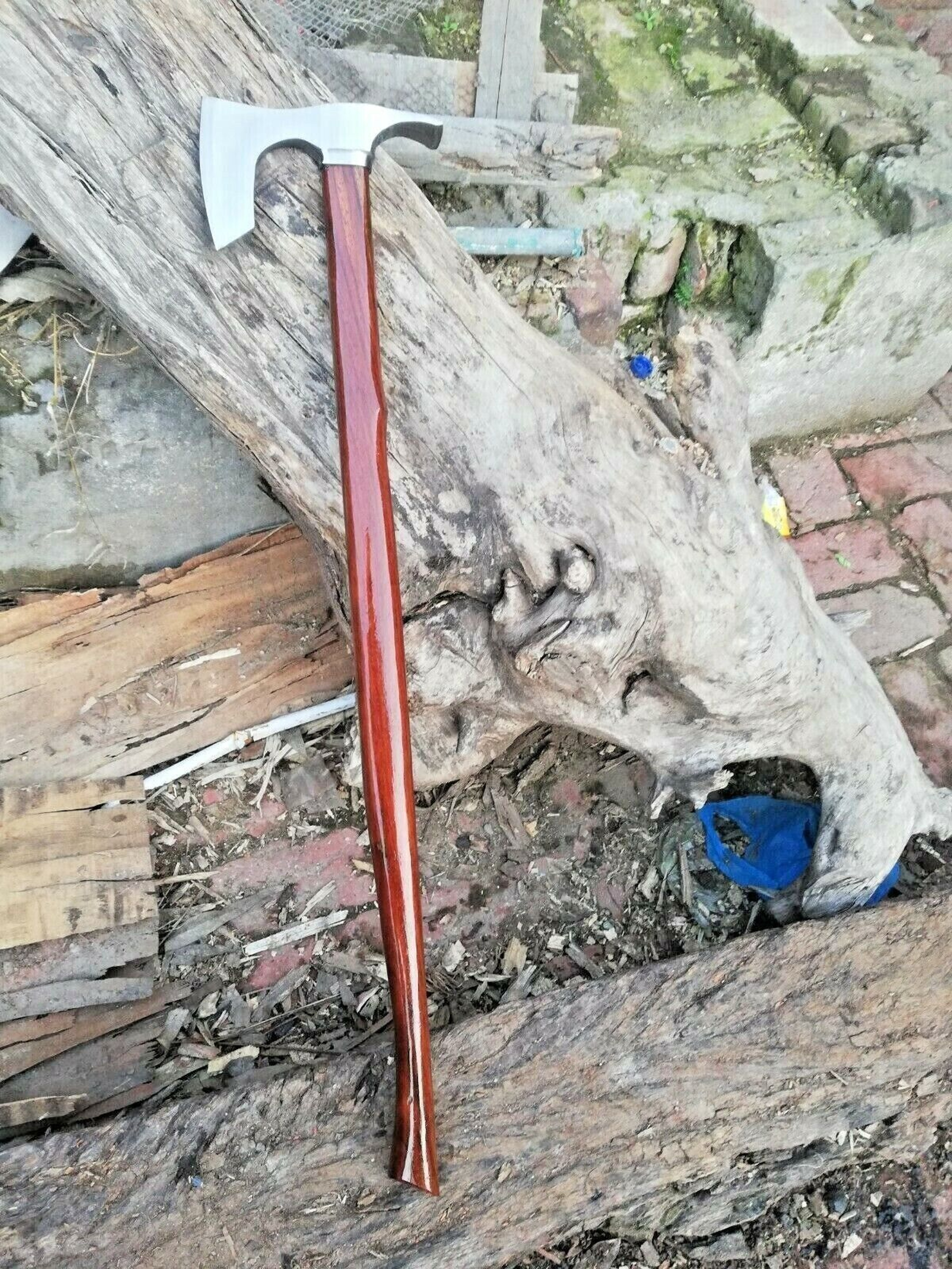 34" Hand-Forged Viking Pole Axe | High Carbon Steel Beard Axe & Throwing Axe | Walnut Handle Hunting Tomahawk – view 6