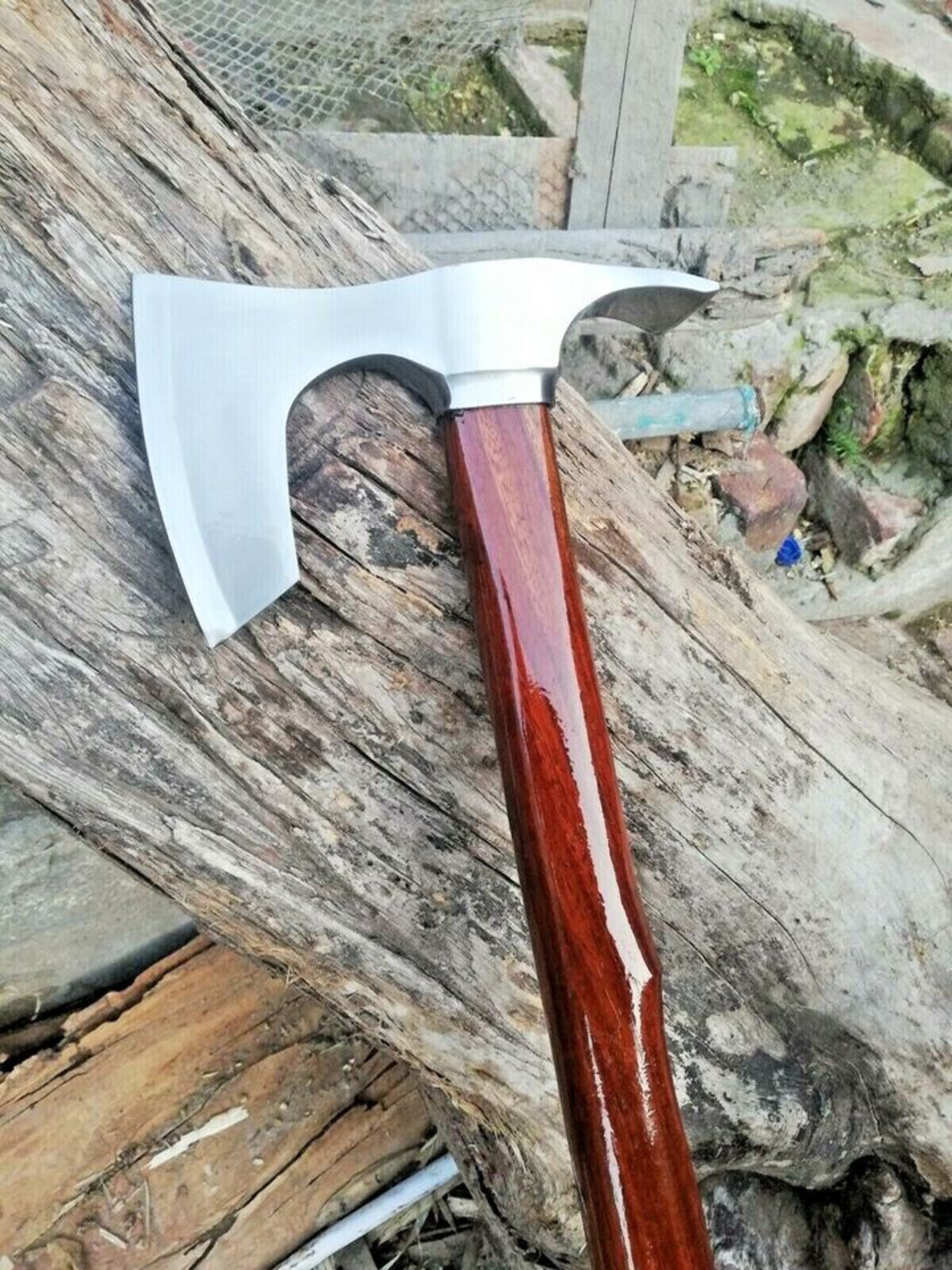 34" Hand-Forged Viking Pole Axe | High Carbon Steel Beard Axe & Throwing Axe | Walnut Handle Hunting Tomahawk – view 5
