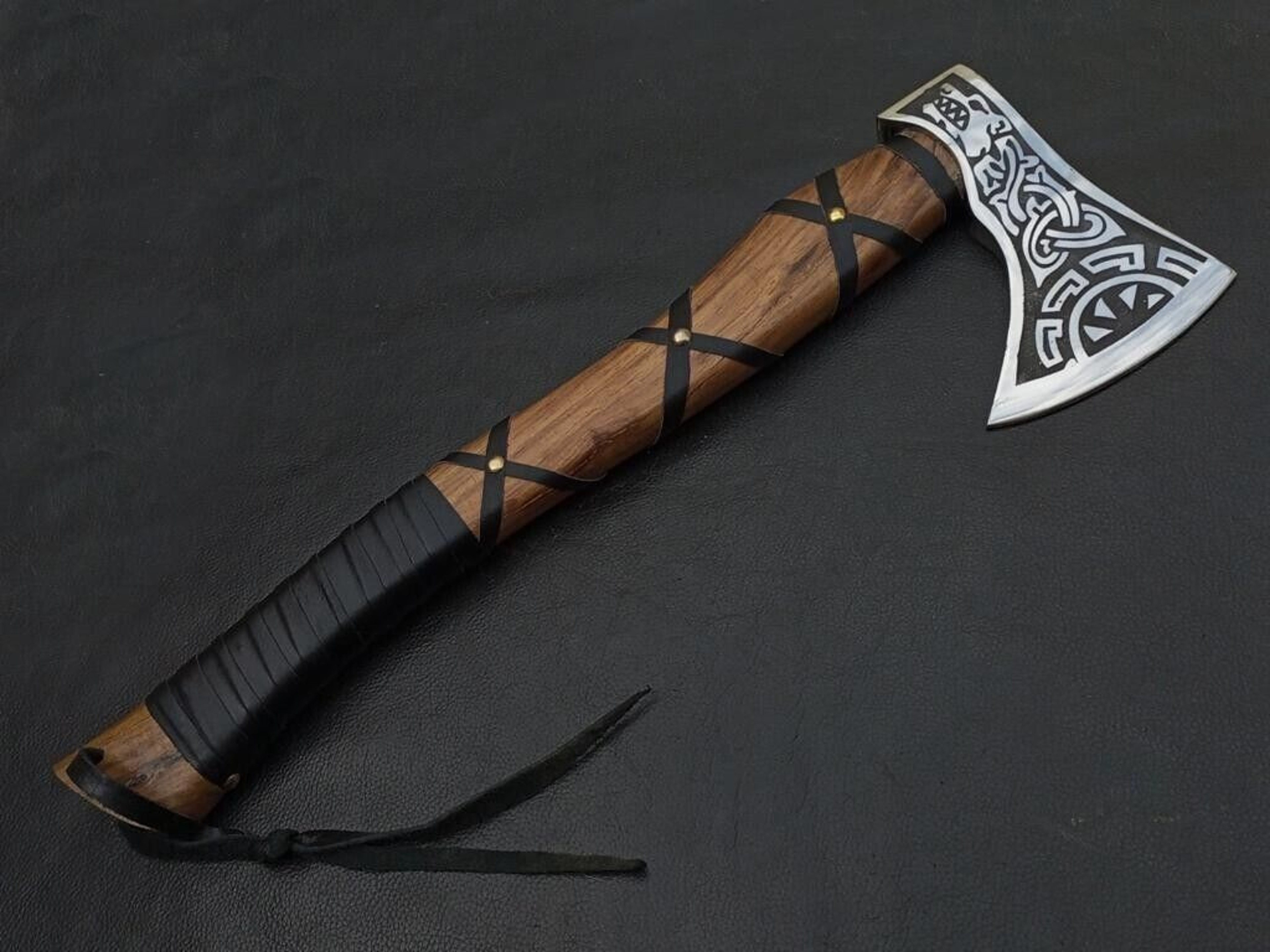 Viking Axe | Hand-Forged Carbon Steel Blade, 16" Rosewood Handle & Leather Sheath | Camping, Outdoor & Gift Axe – view 4
