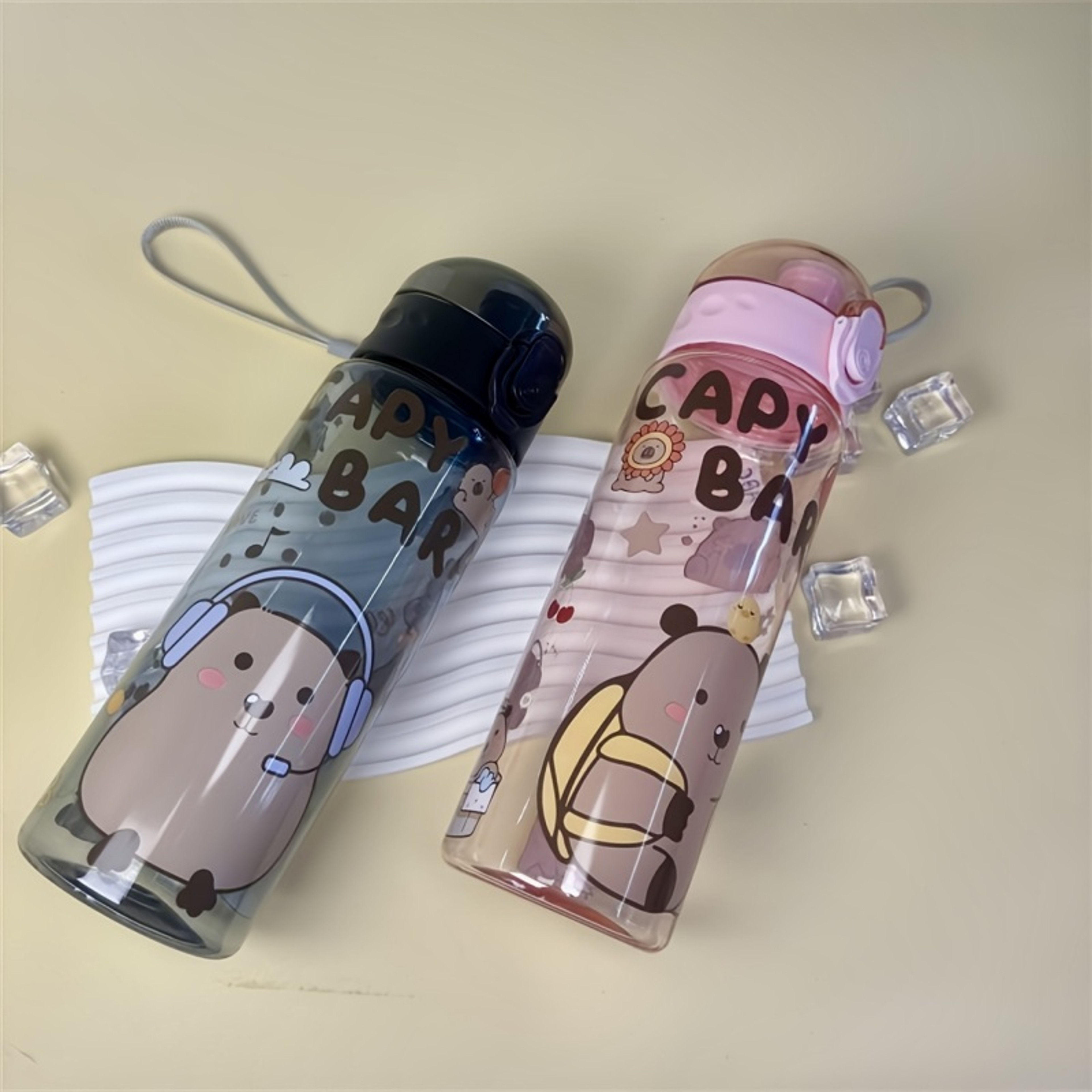 Transparent Cartoon Water Bottle With Carry Strap Leakproof Portable Sports Cup 0
