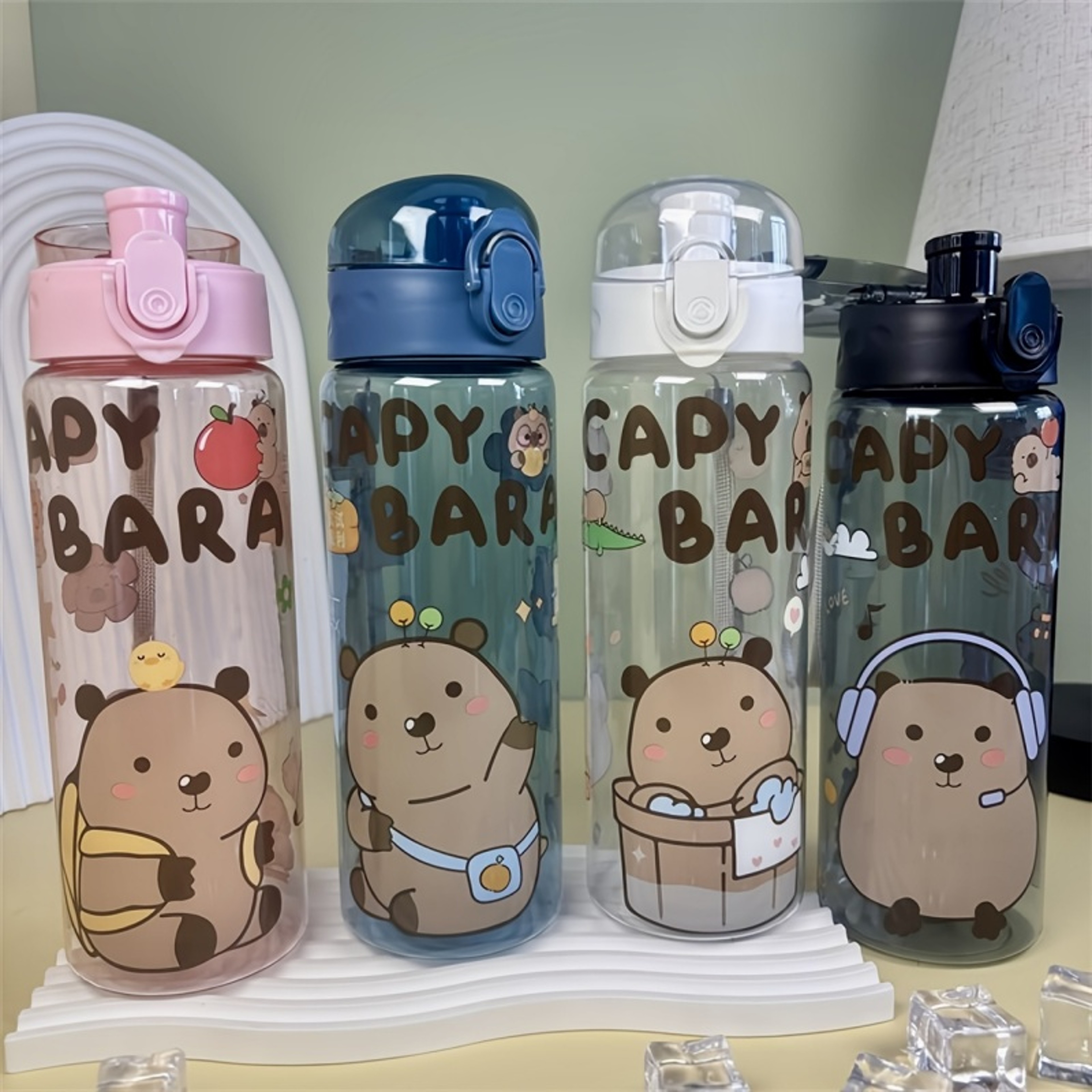 Transparent Cartoon Water Bottle With Carry Strap Leakproof Portable Sports Cup 1