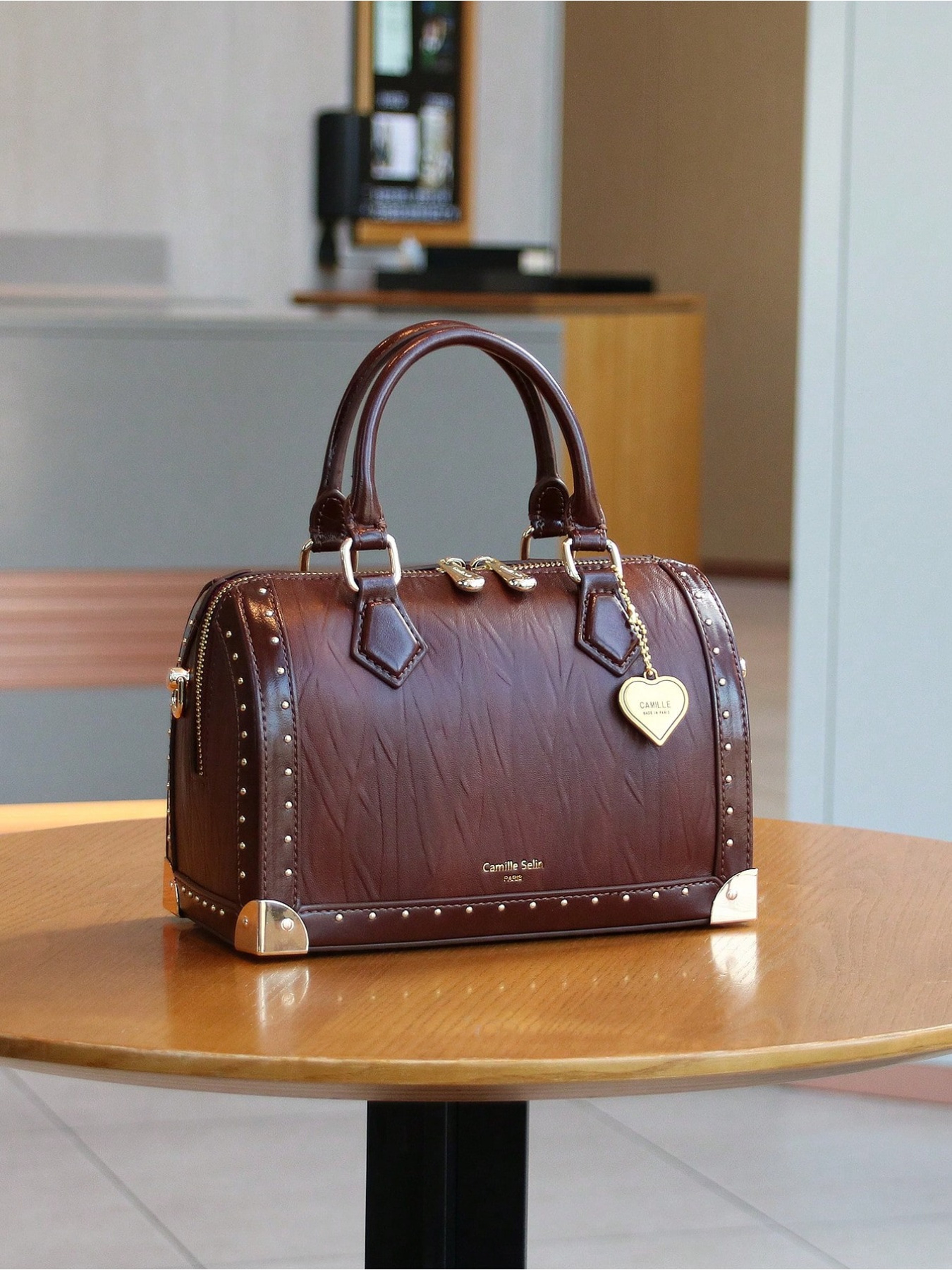 Fashionable Vintage Rivet BoxShaped Handbag For Women Personalized Street Style Boston Bag 1