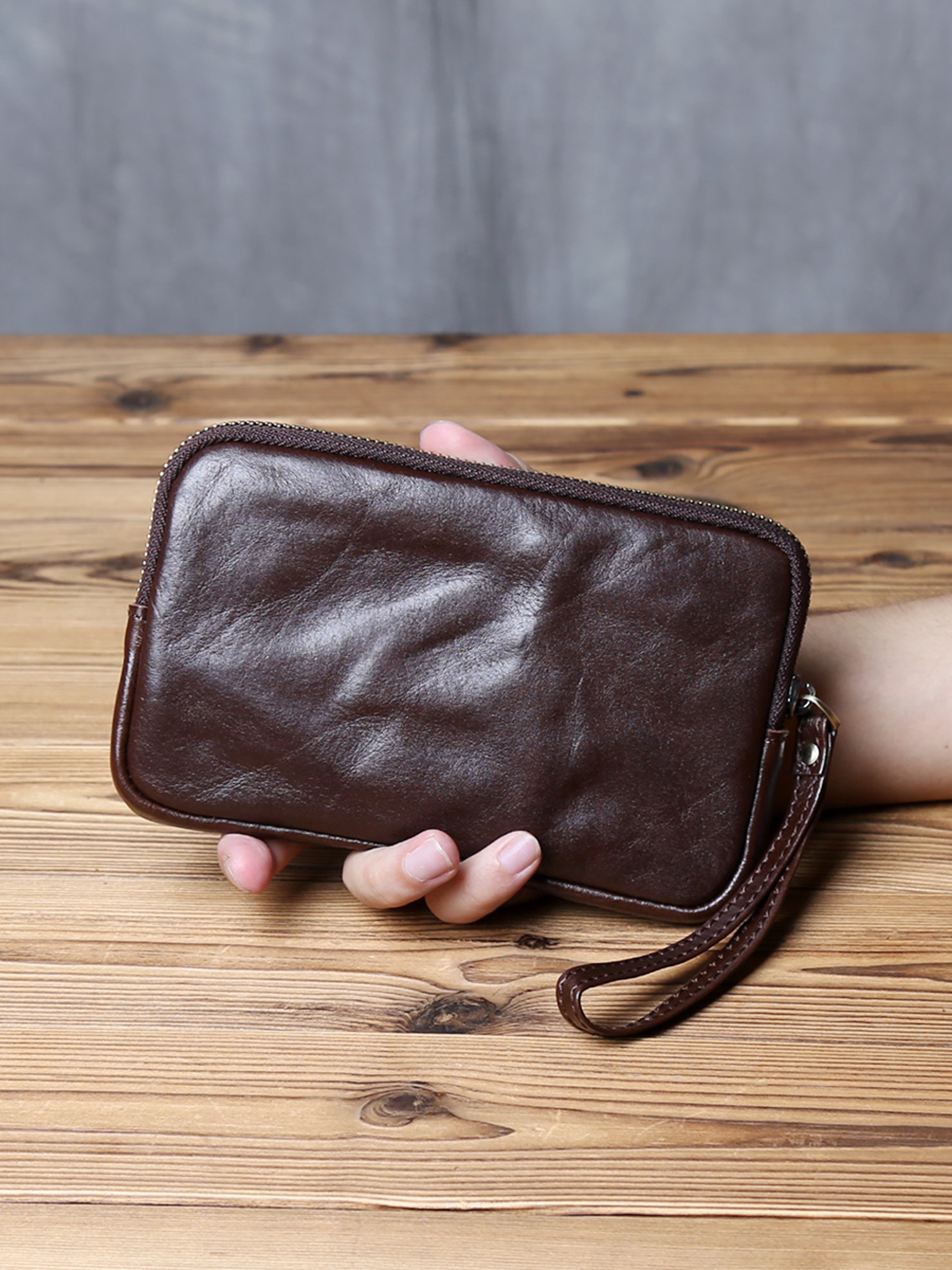 Vintage Genuine Leather Wallet  Phone Bag For Men And Women Zippered Cowhide Card Holder 8