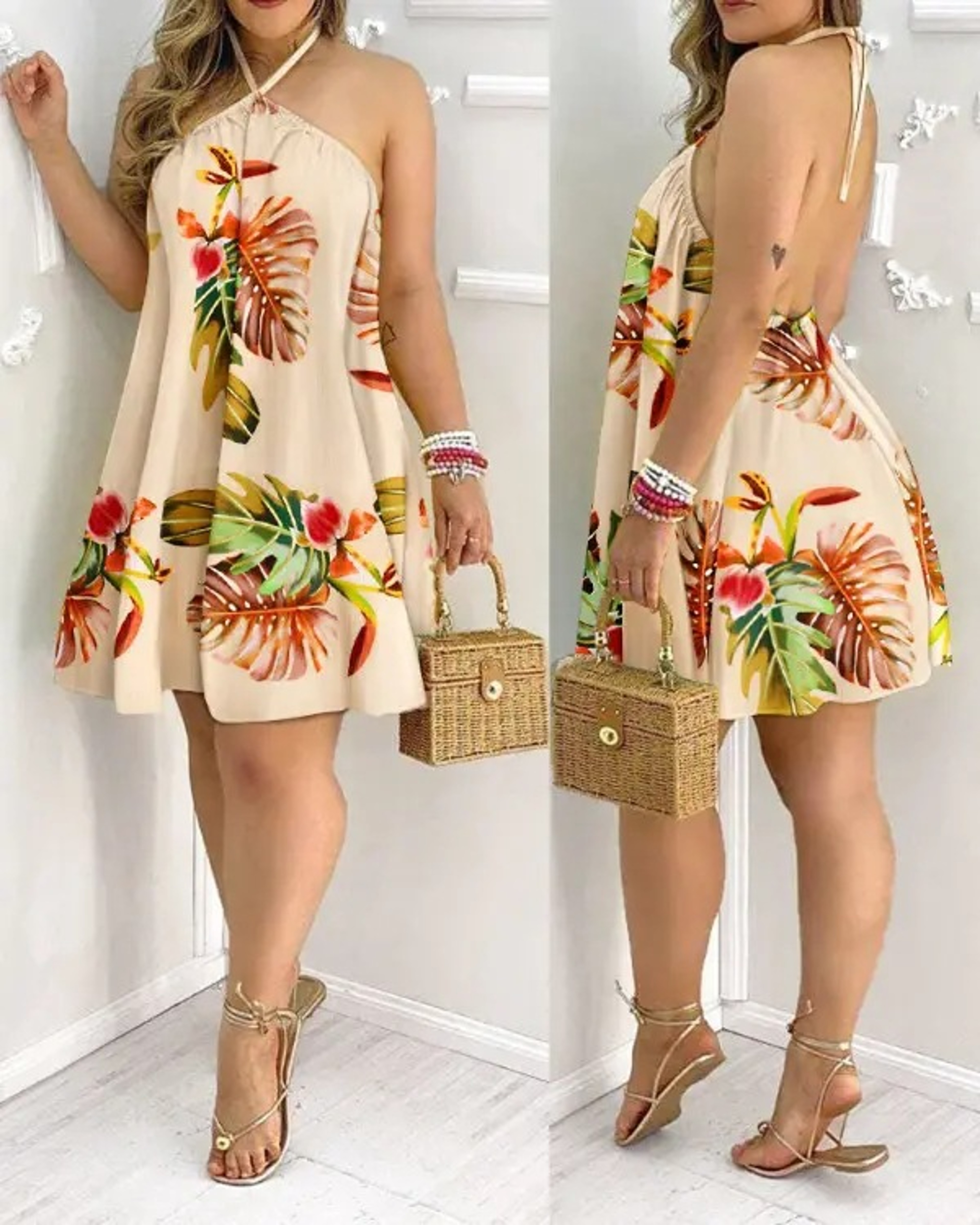 Floral Halter Neck Boho Summer Dress Backless Vacation Sundress 0