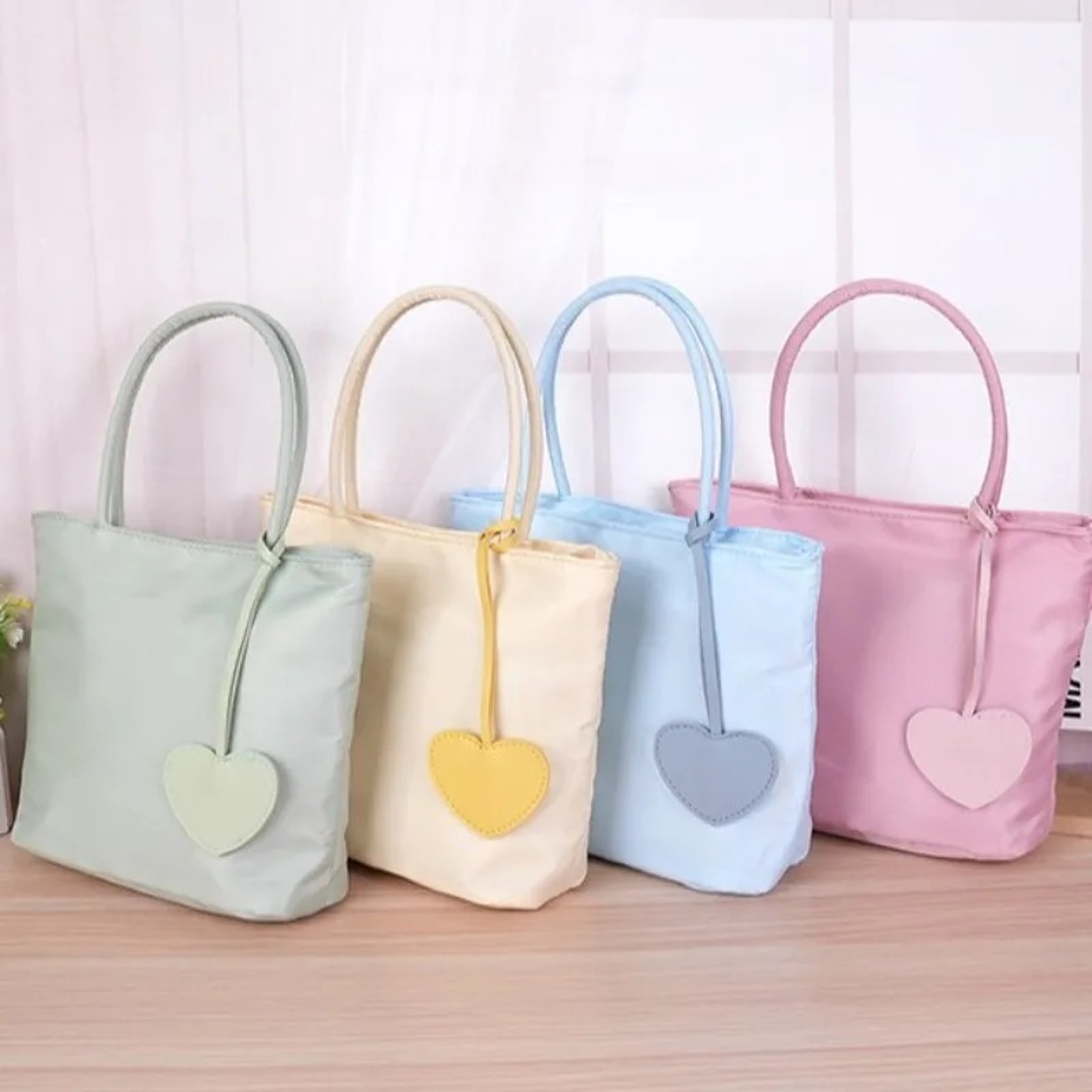 Pastel Nylon Tote Bag With Detachable Heart Charm Lightweight Everyday Handbag 0