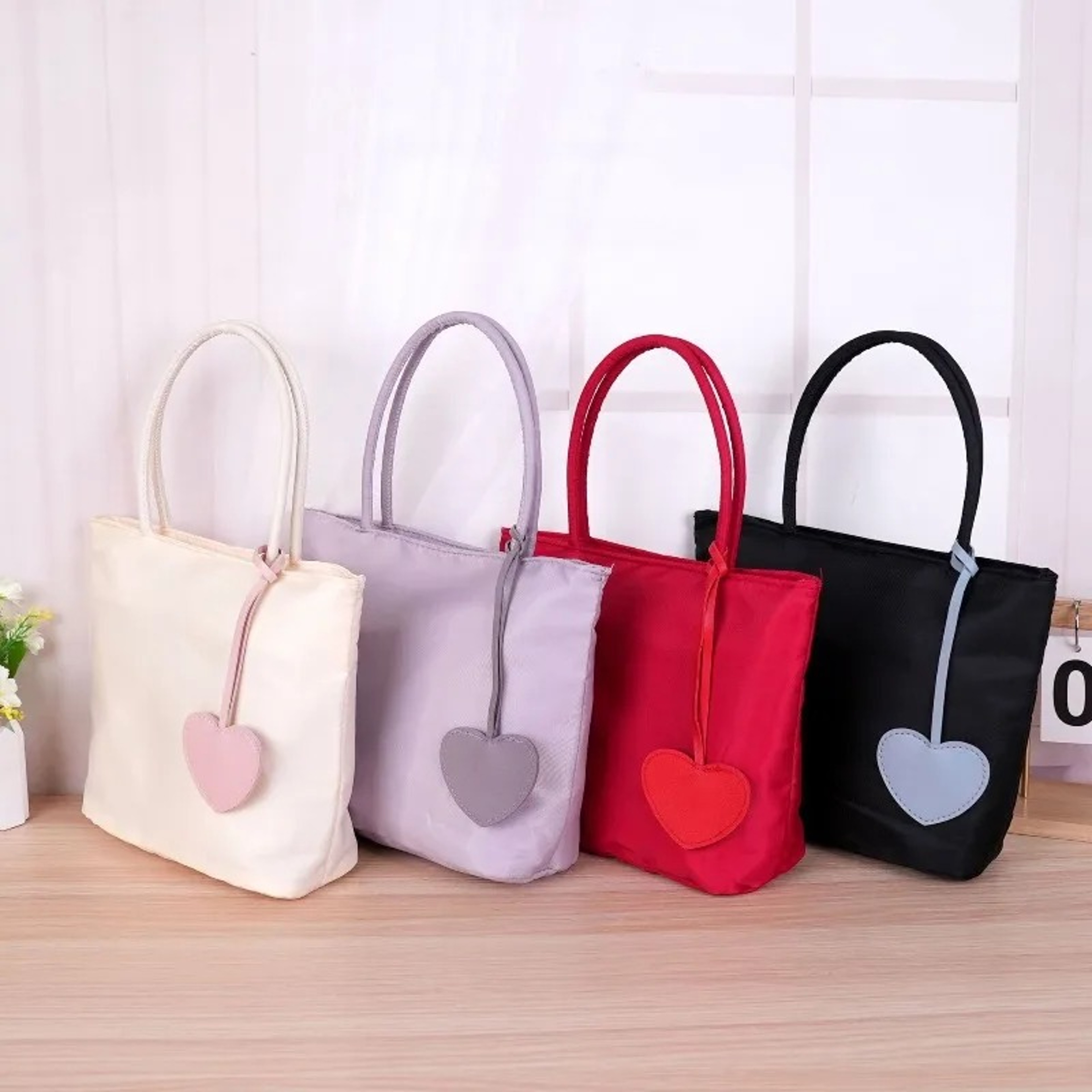 Pastel Nylon Tote Bag With Detachable Heart Charm Lightweight Everyday Handbag 1