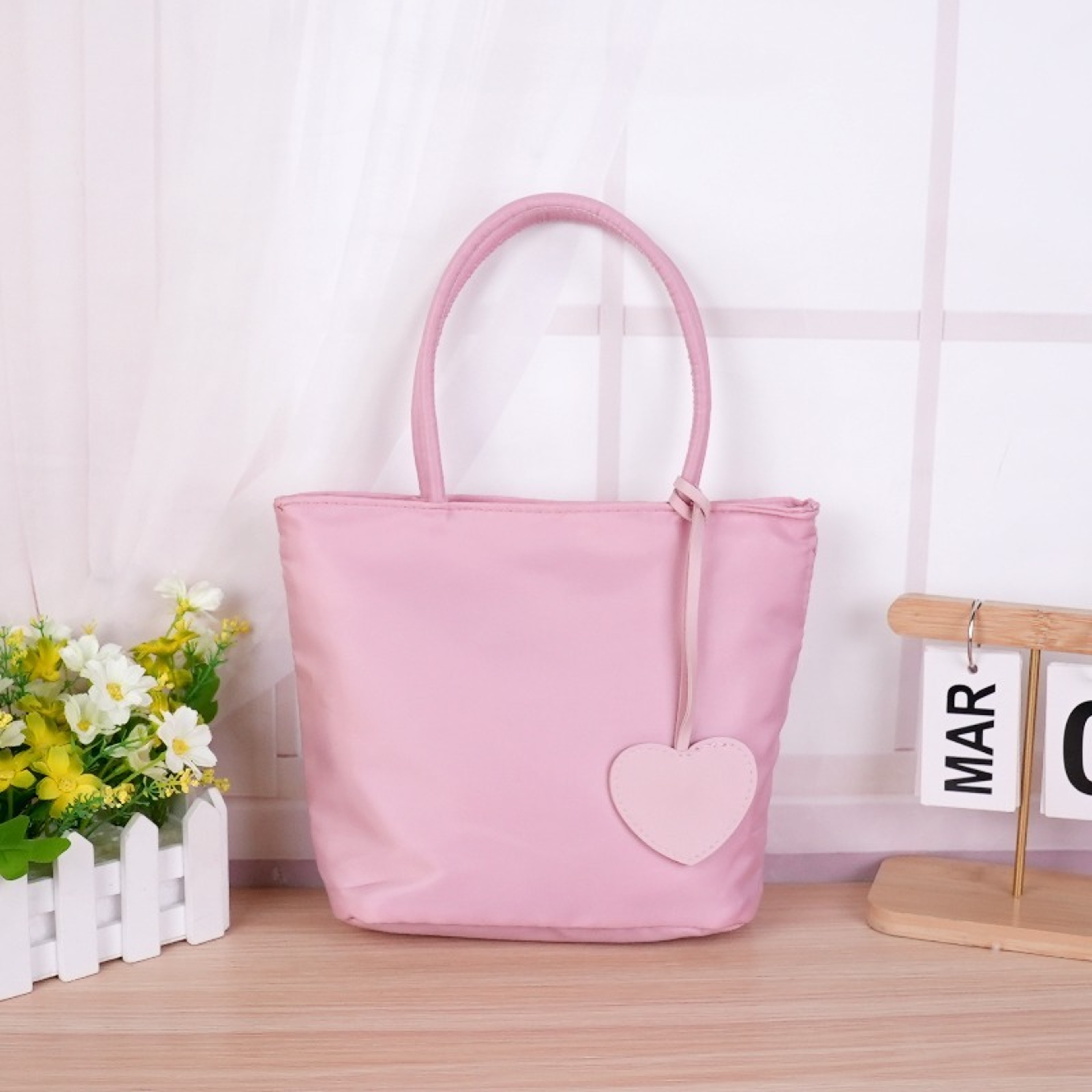 Pastel Nylon Tote Bag With Detachable Heart Charm Lightweight Everyday Handbag 7