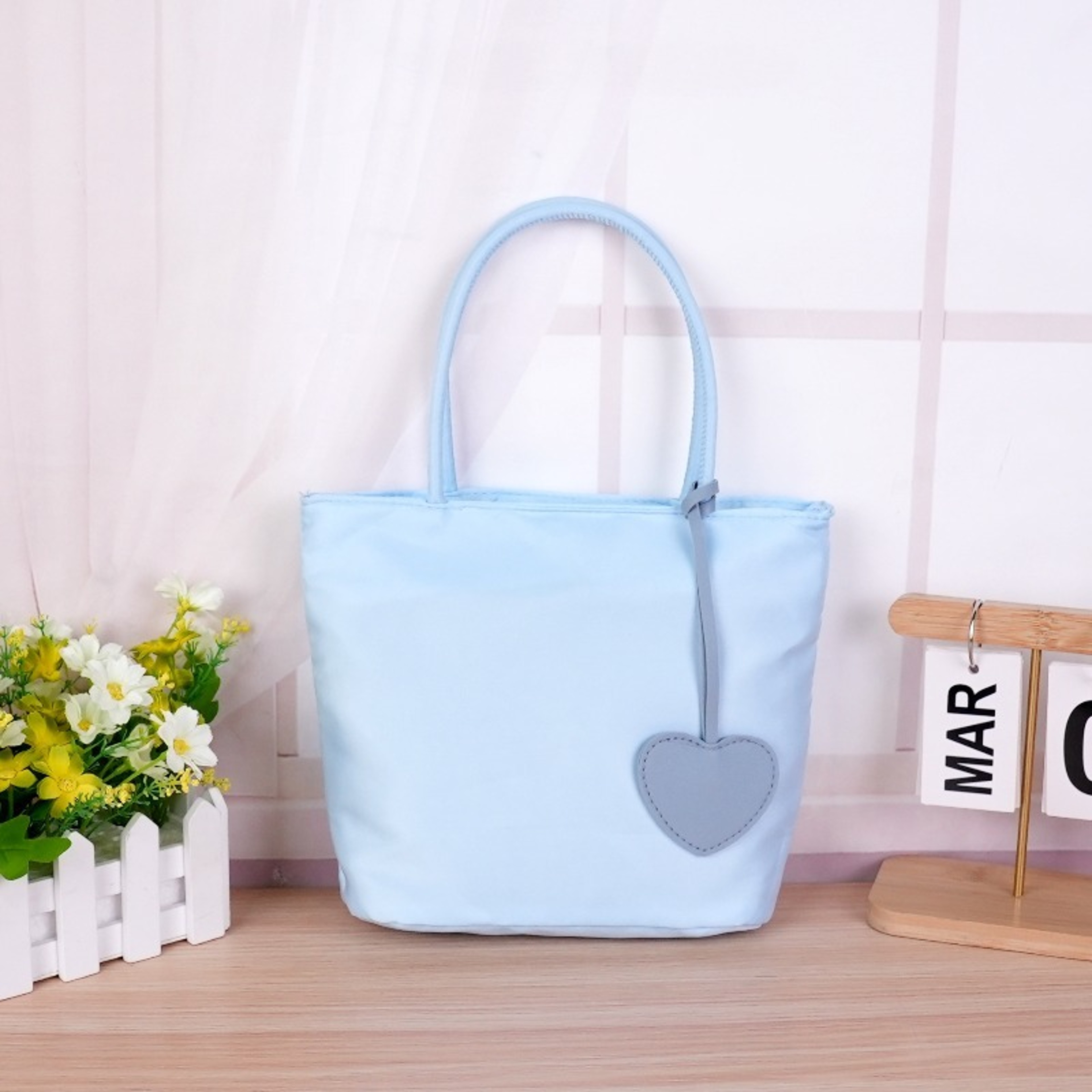 Pastel Nylon Tote Bag With Detachable Heart Charm Lightweight Everyday Handbag 8