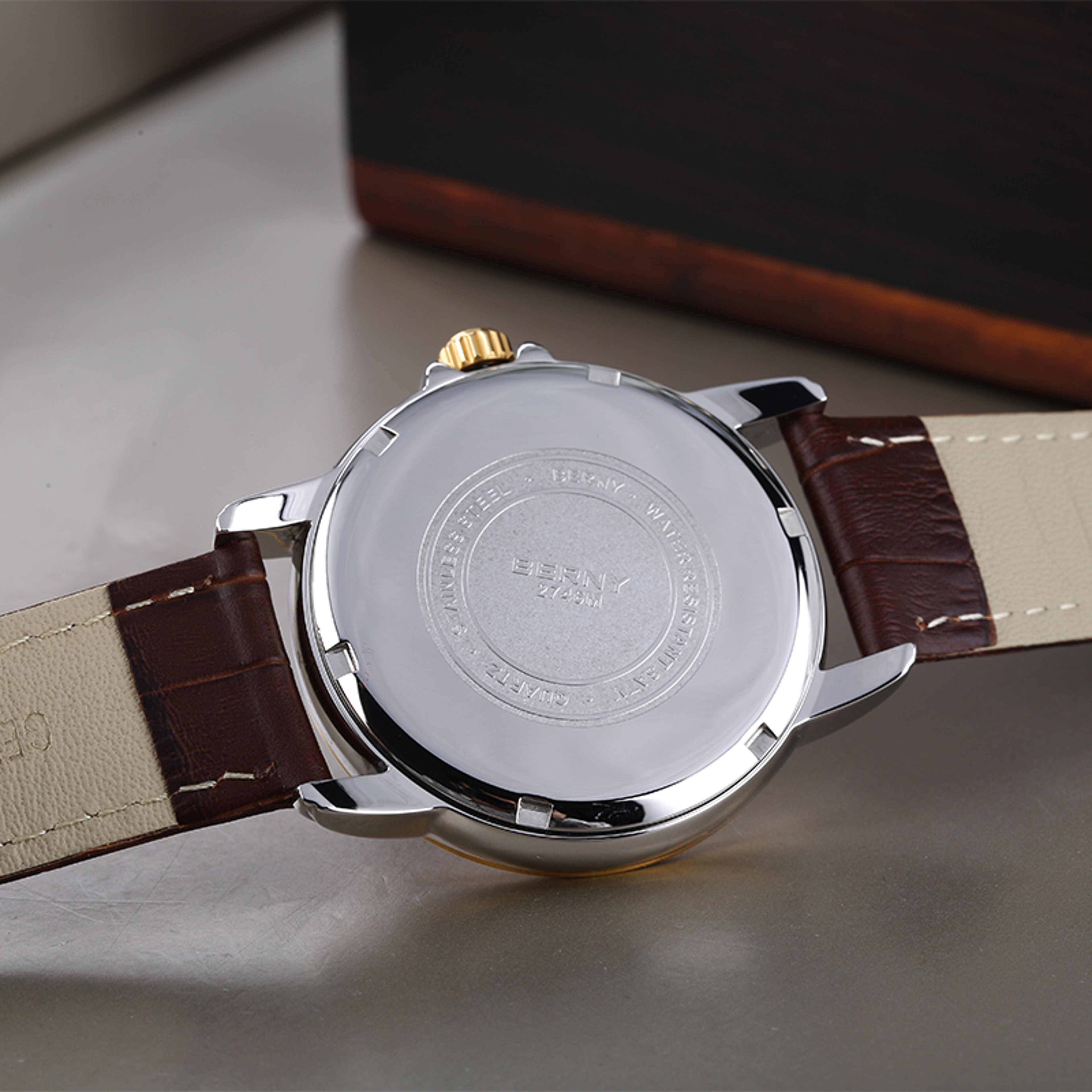 Mens Moon Phase Quartz Watch Sapphire Stainless Steel Business Dress Watch 3