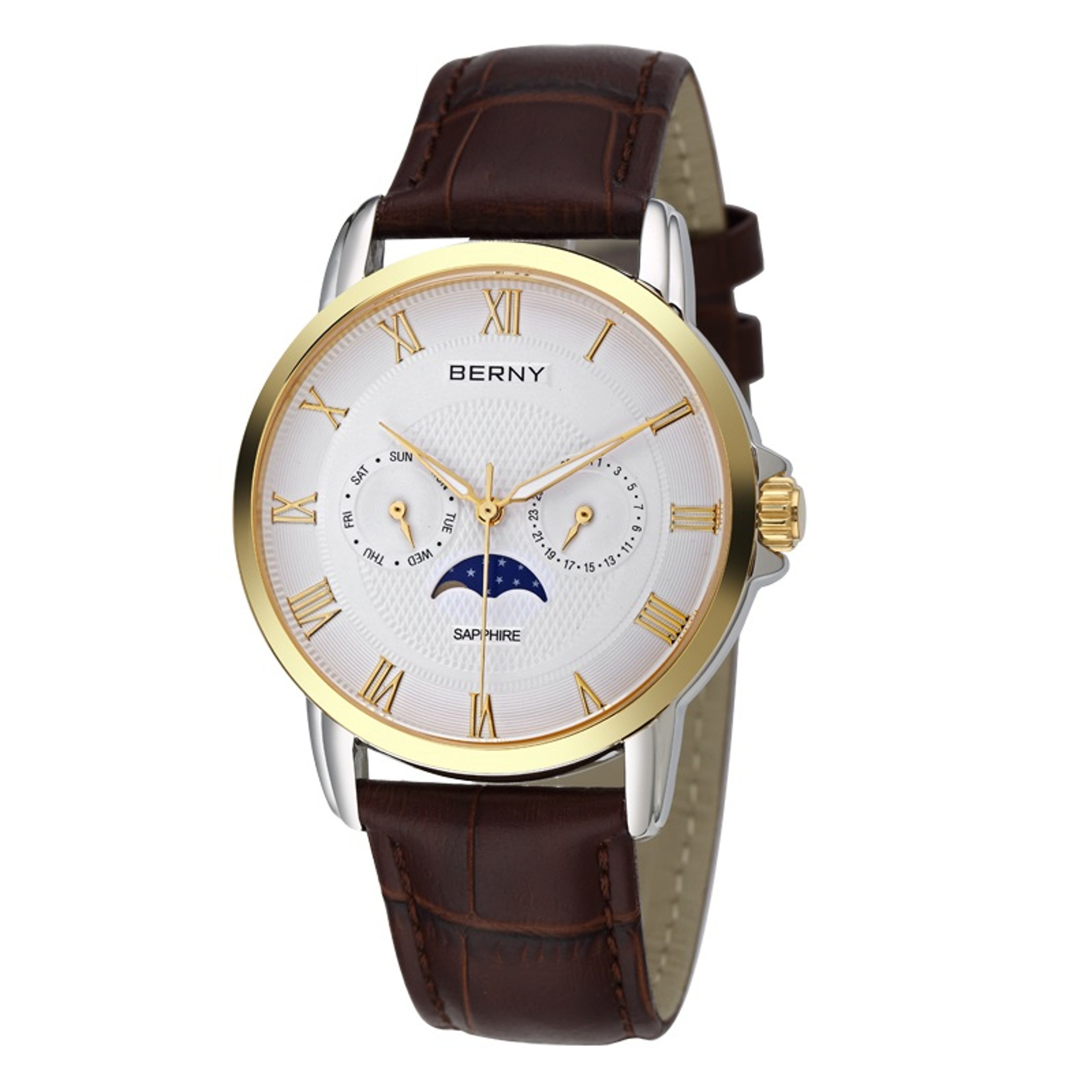 Mens Moon Phase Quartz Watch Sapphire Stainless Steel Business Dress Watch 5