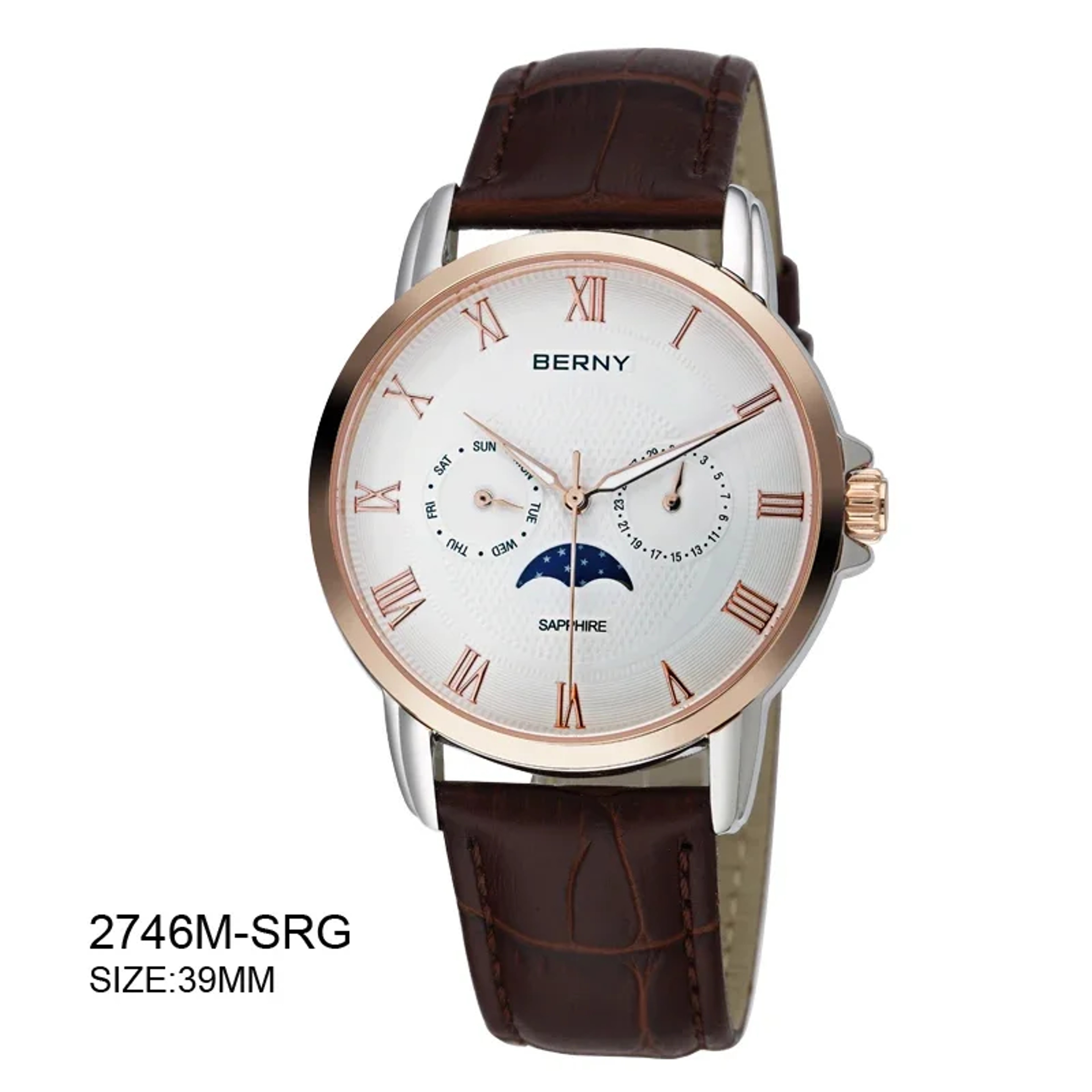 Mens Moon Phase Quartz Watch Sapphire Stainless Steel Business Dress Watch 6