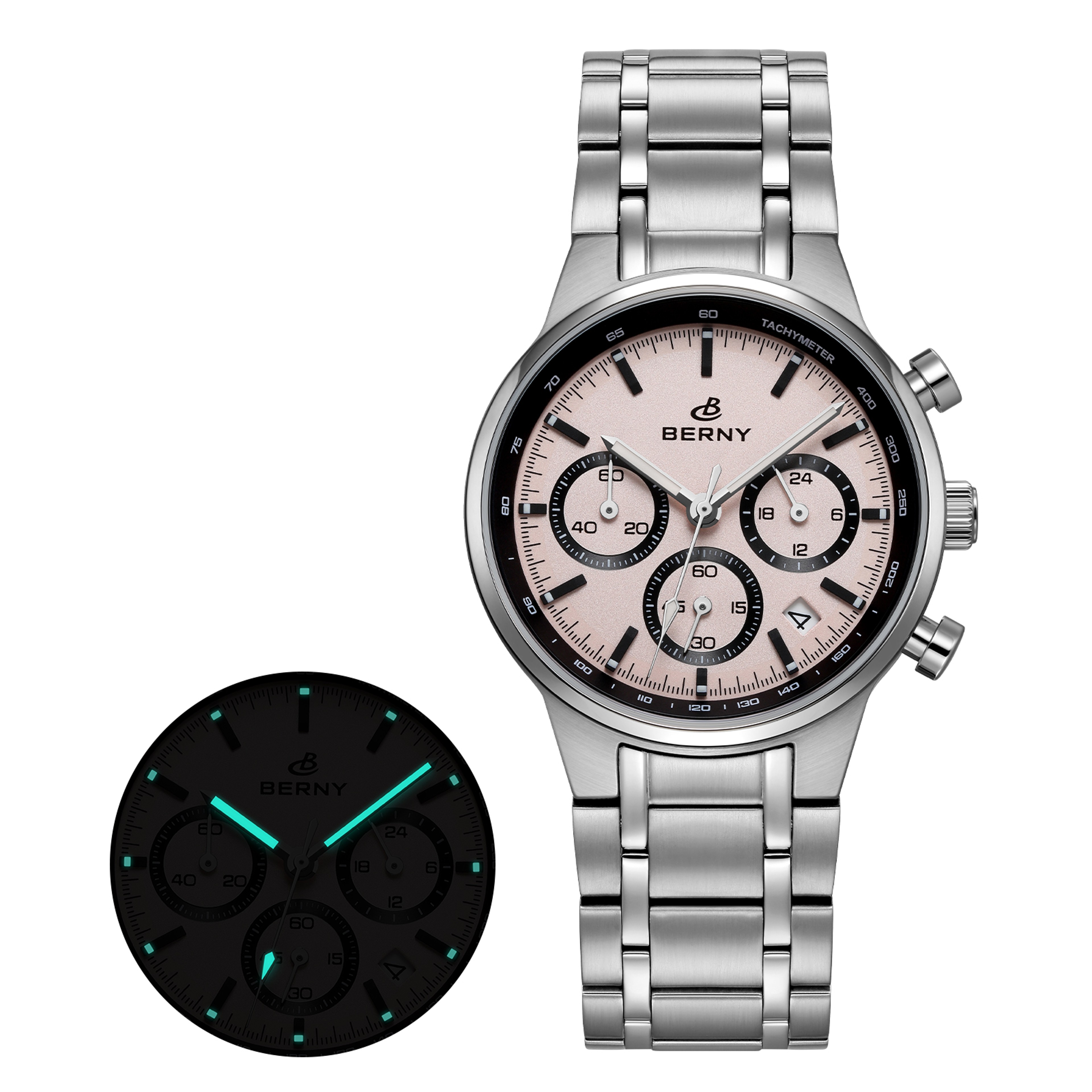 Mens Chronograph Watch Sapphire Crystal Stainless Steel Panda Dial Quartz Watch 7