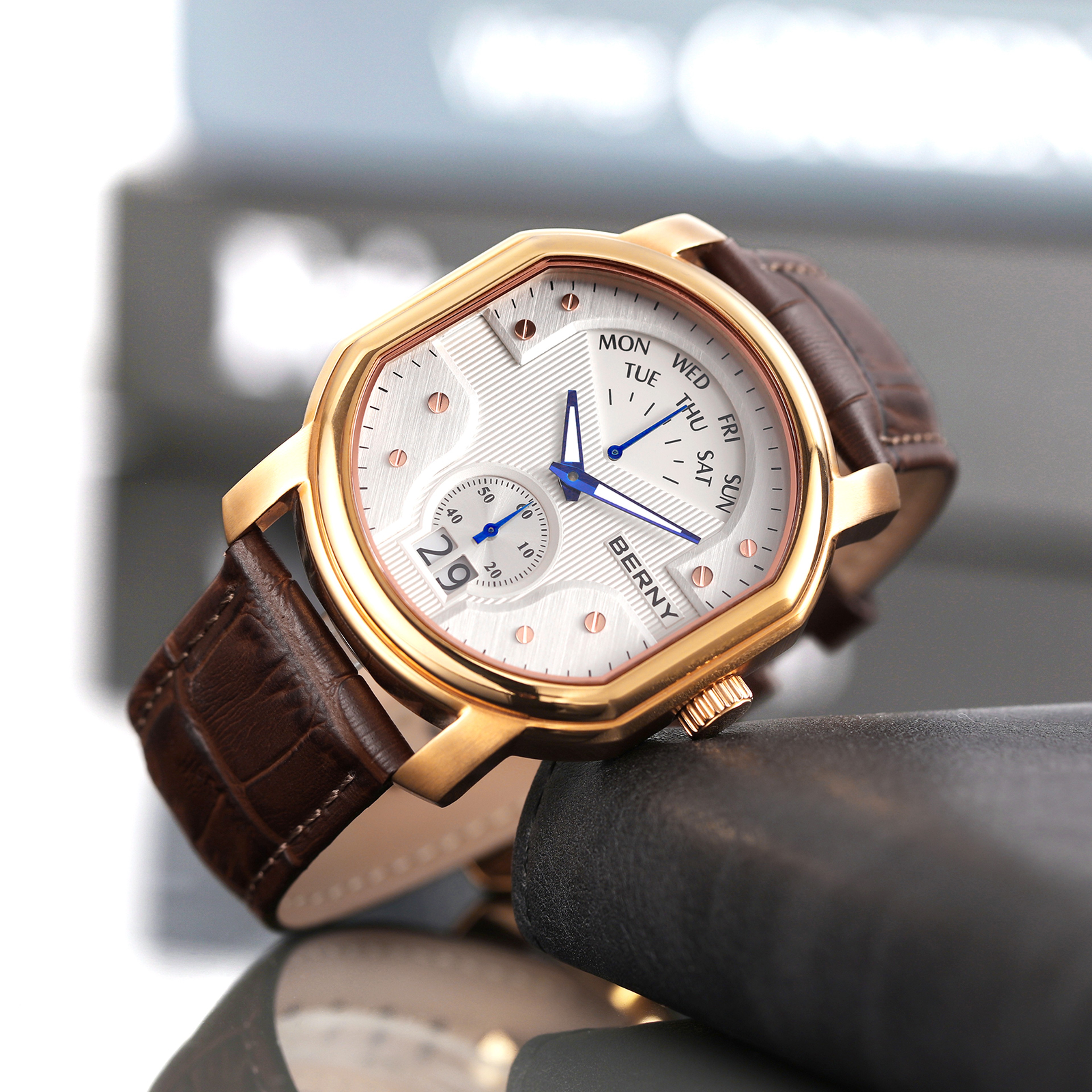 Swiss Ronda Mens Quartz Watch Sapphire Crystal Tonneau Day Date Watch 2