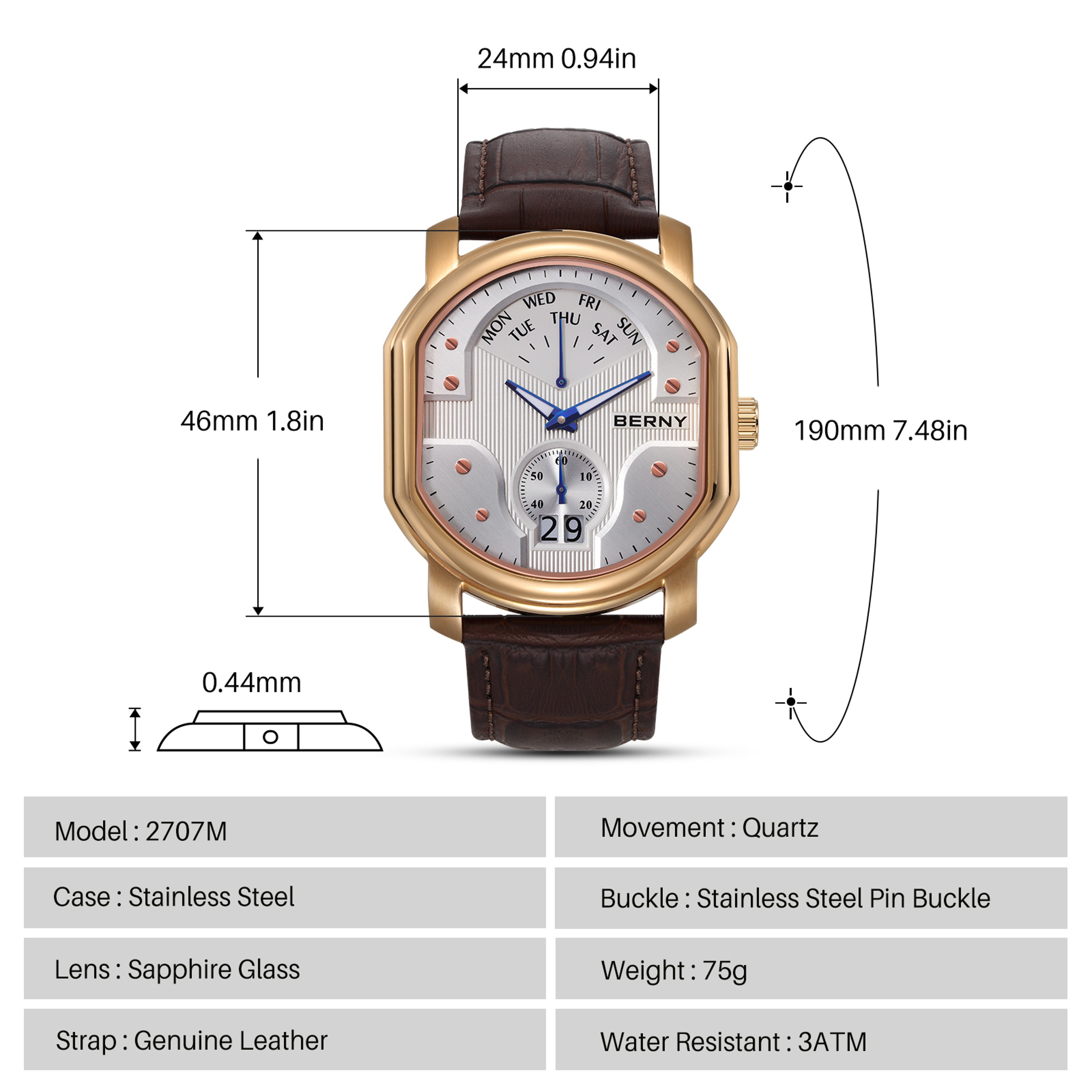 Swiss Ronda Mens Quartz Watch Sapphire Crystal Tonneau Day Date Watch 3